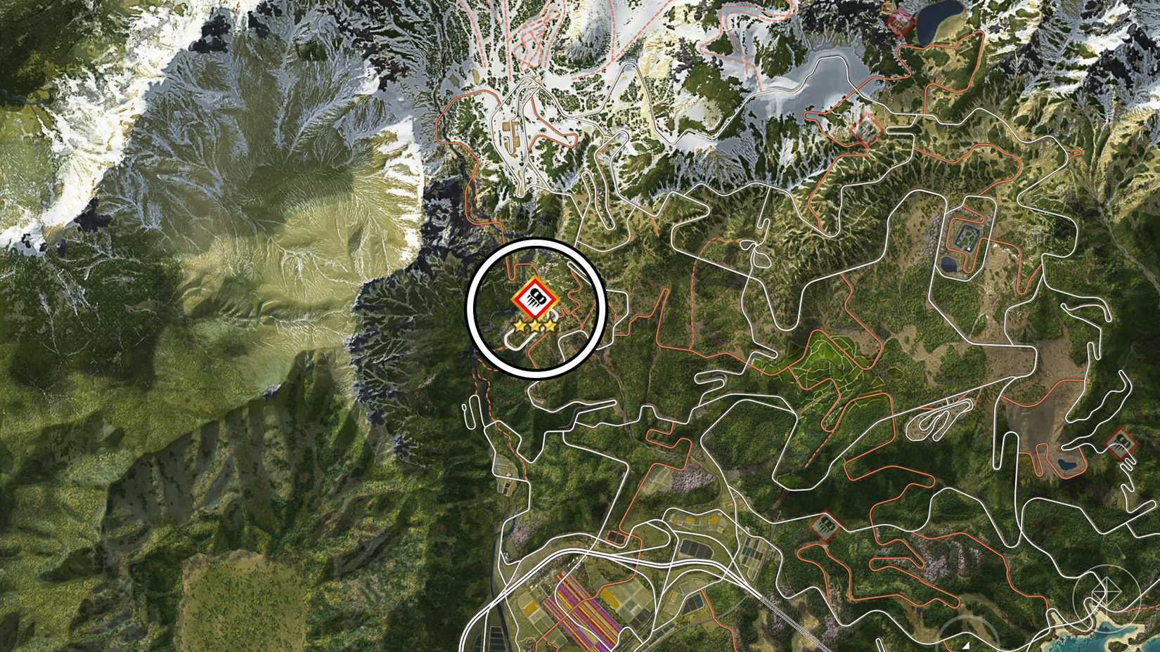 The Thunderbird drift zone circled on the Forza Horizon 6 map.