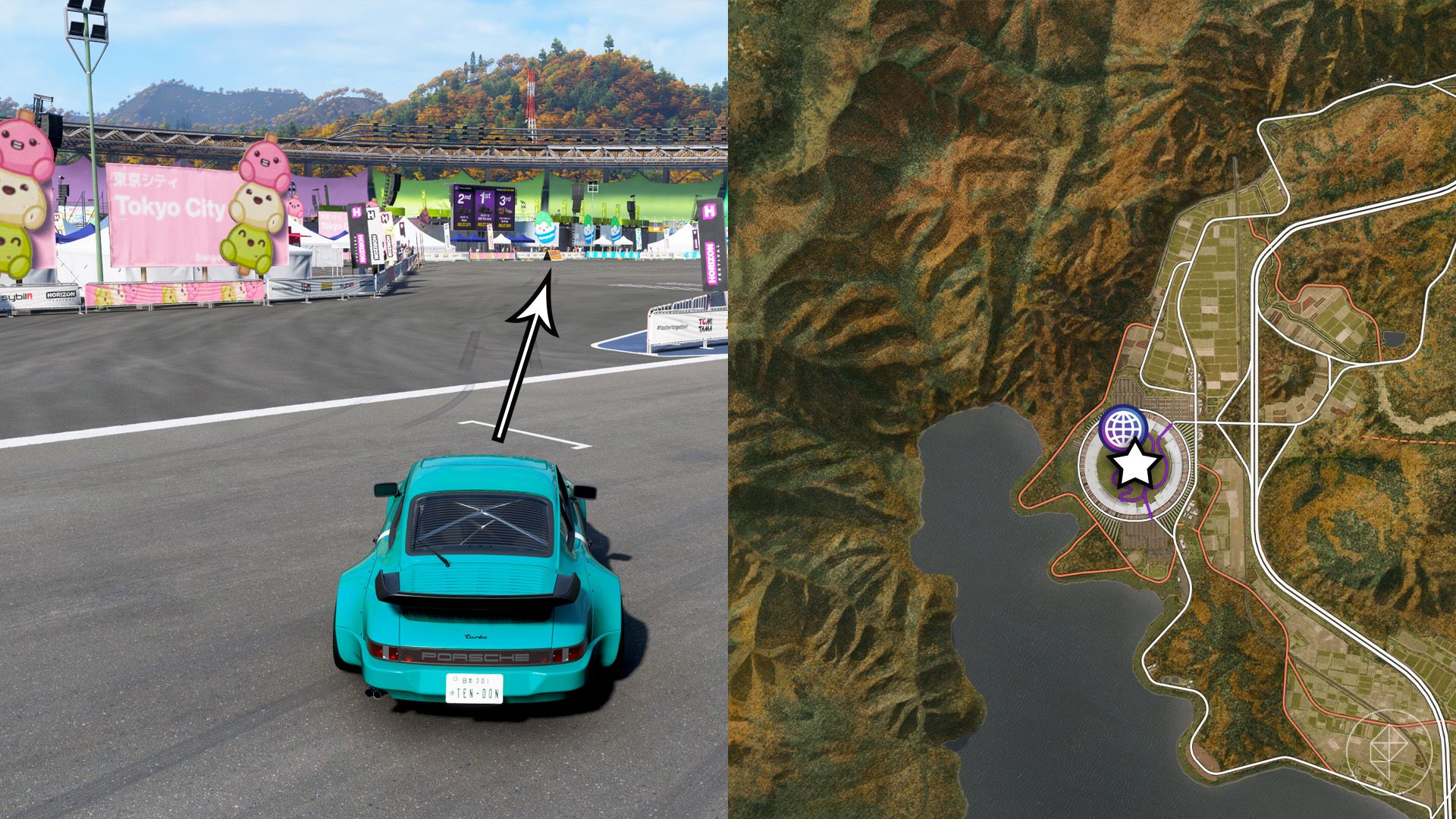 The location of the Mascot Party's Tokyo City Dango area marked on the Forza Horizon 6 map.