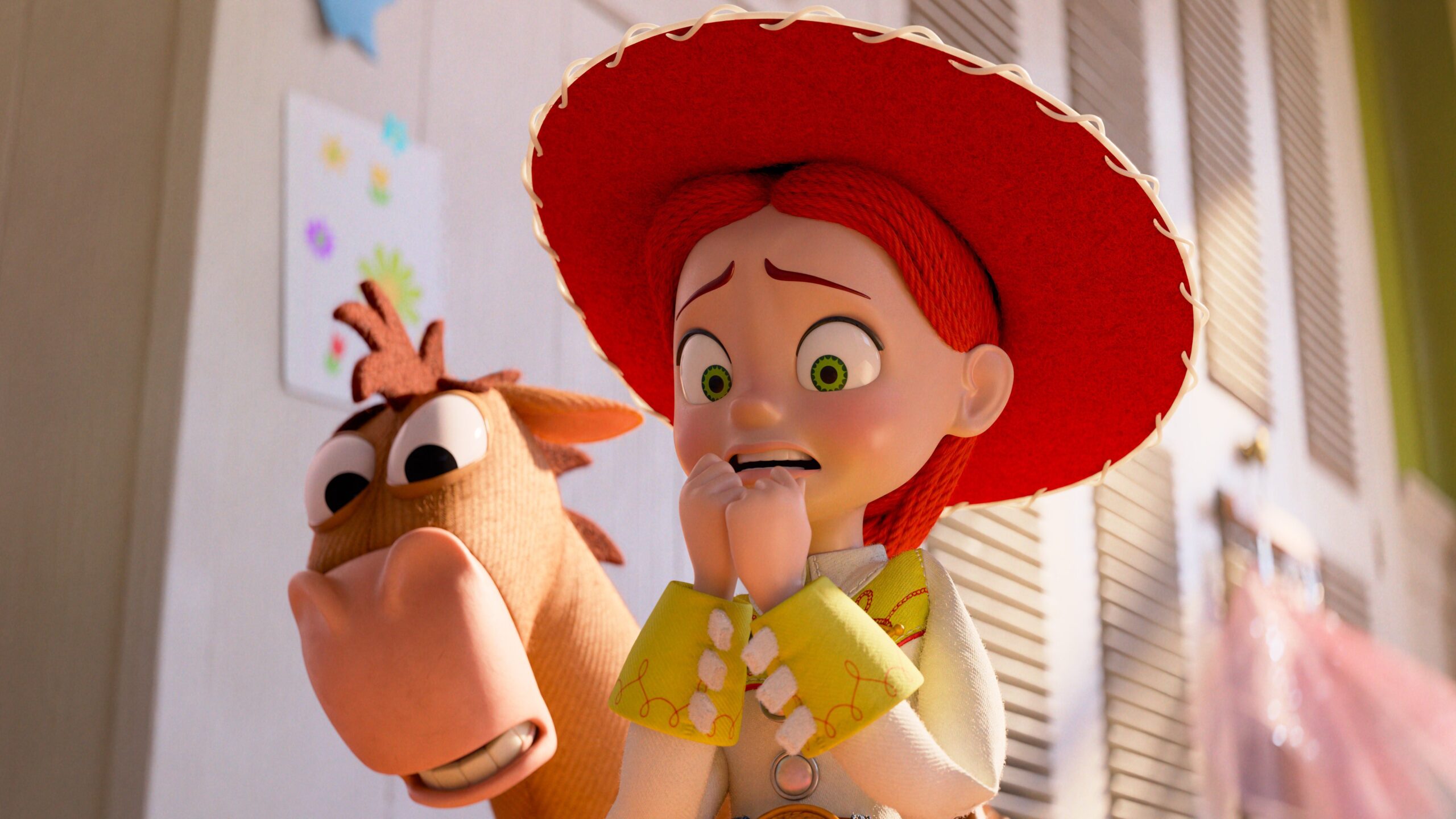 The horse Bullseye and cowgirl Jessie look scared in Toy Story 5,