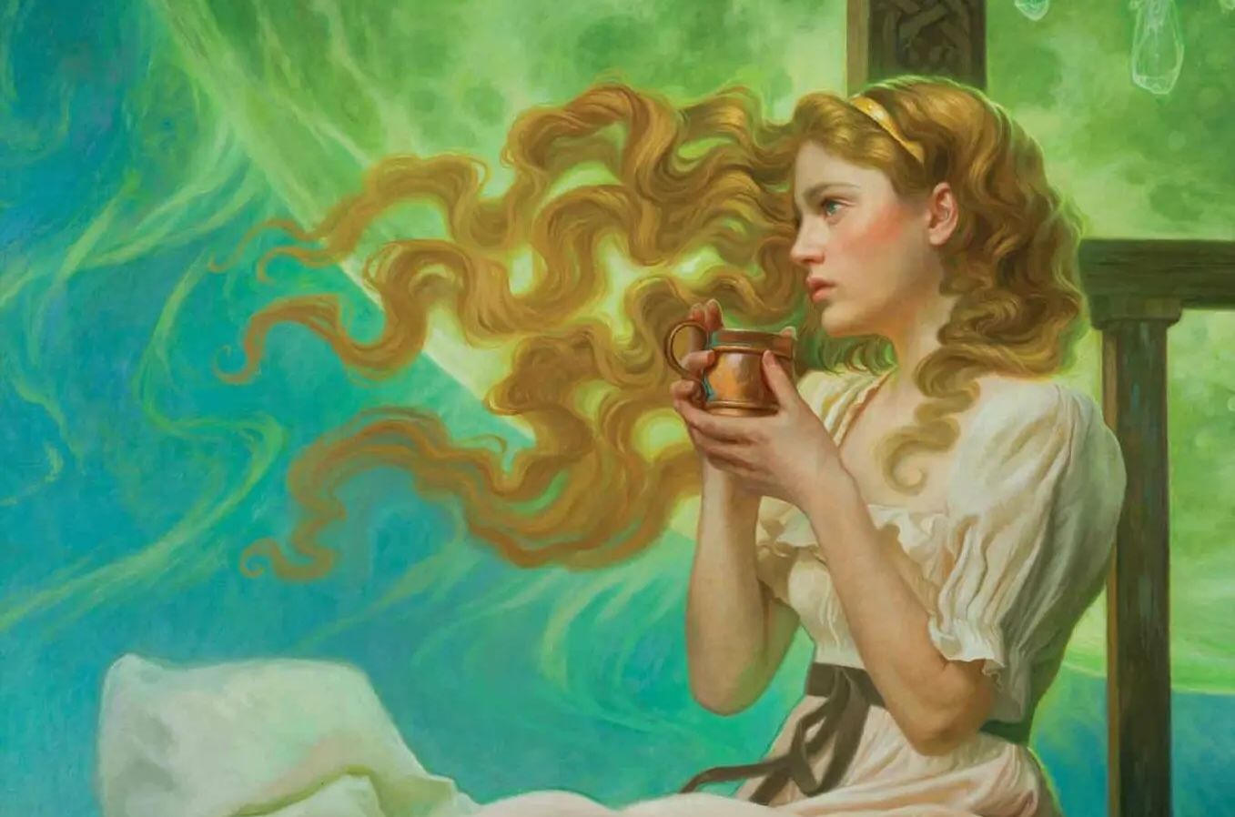 A detail from the audiobook cover of Brandon Sanderson's novel Tress of the Emerald Sea, with a woman in a simple white dress drinking from a copper cup, her long, blonde hair billowing around her