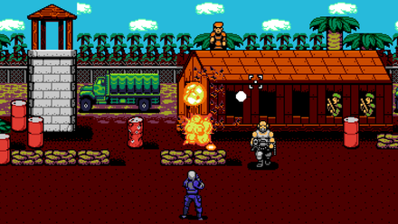 A screenshot of a game in UFO with various human characters shooting at each other, standing in front of a lighthouse and a building