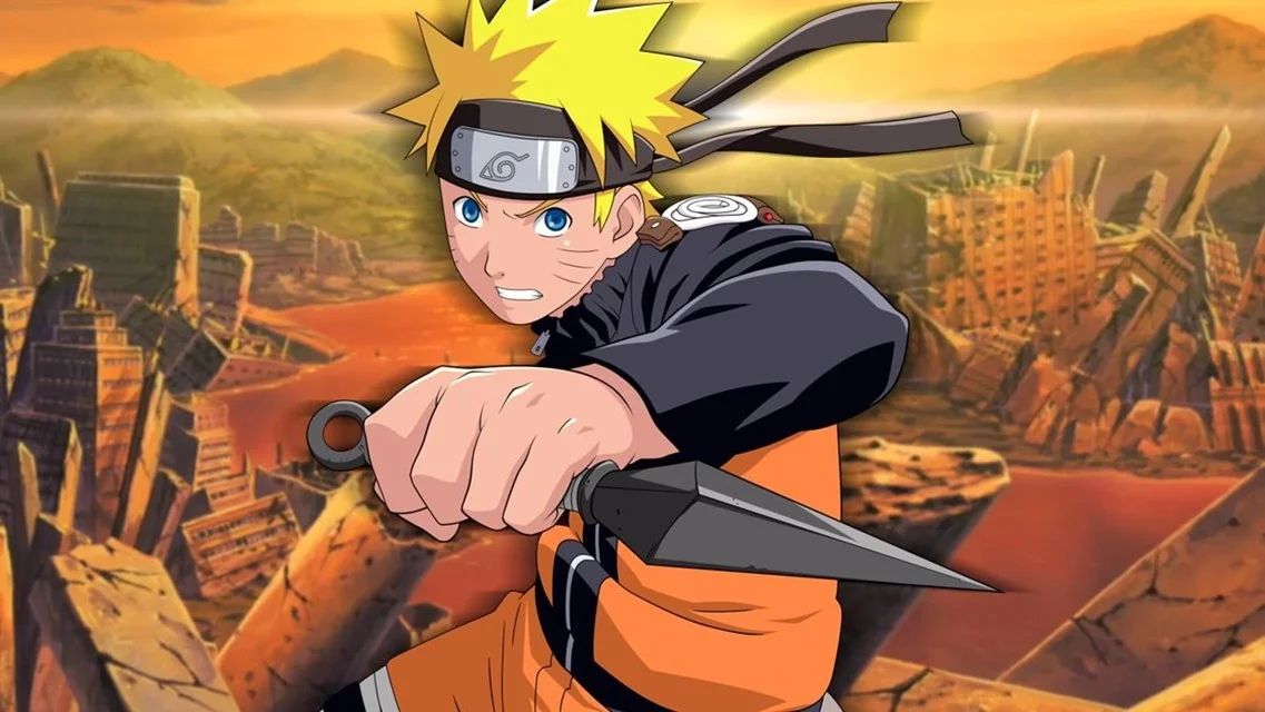 An image showing Naruto Uzumaki in a fighting pose over the ruins of Konoha