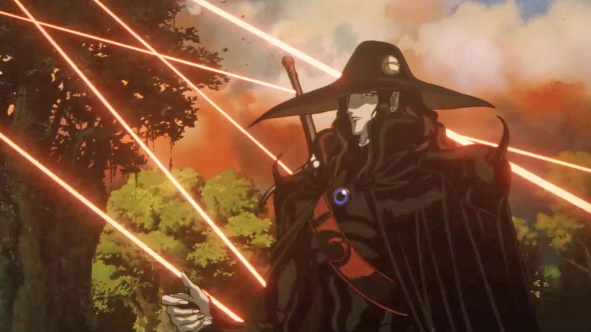 Scene from Vampire Hunter D featuring D as lasers shoot him from off-screen.