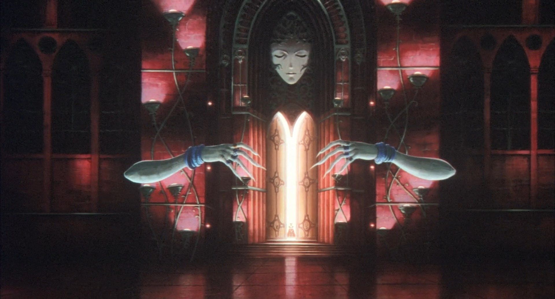 Shot of Vampire Hunter D Bloodlust featuring Gothic art with stainglass window and human face.