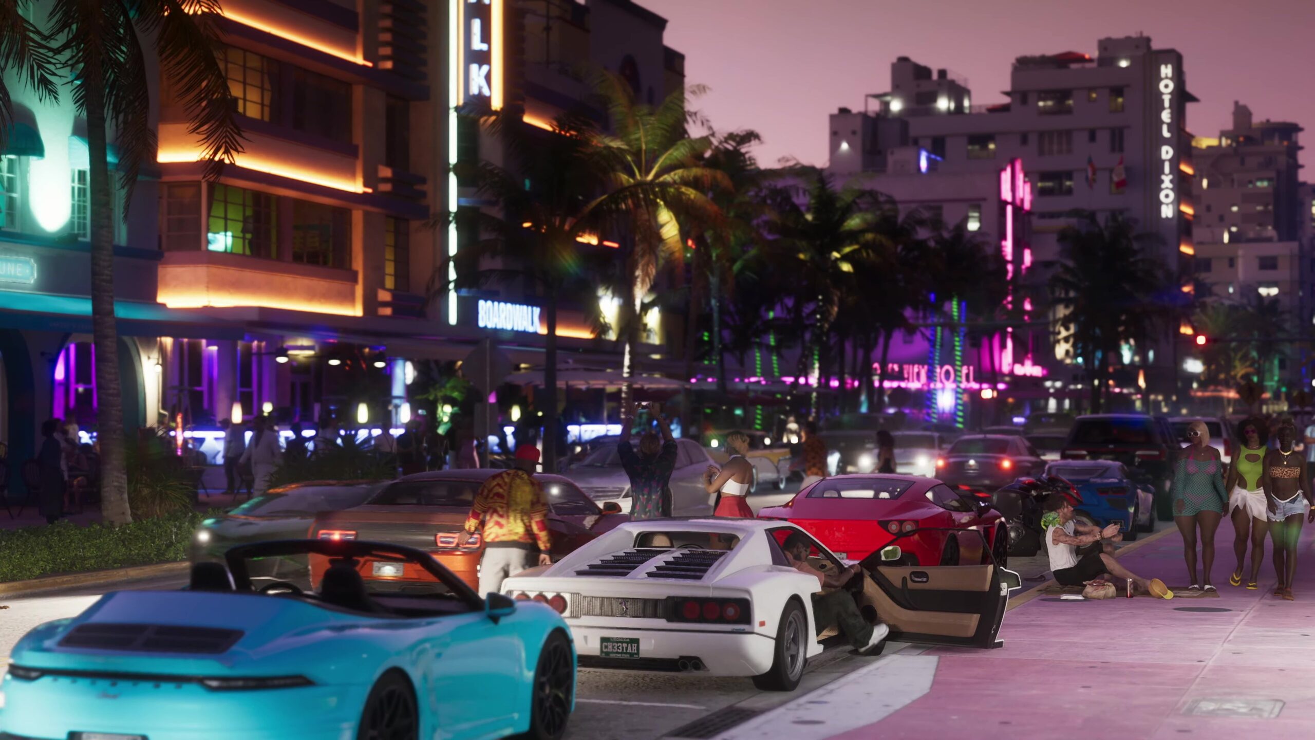 sports cars parked outside a nightclub named Boardwalk in Grand Theft Auto 6