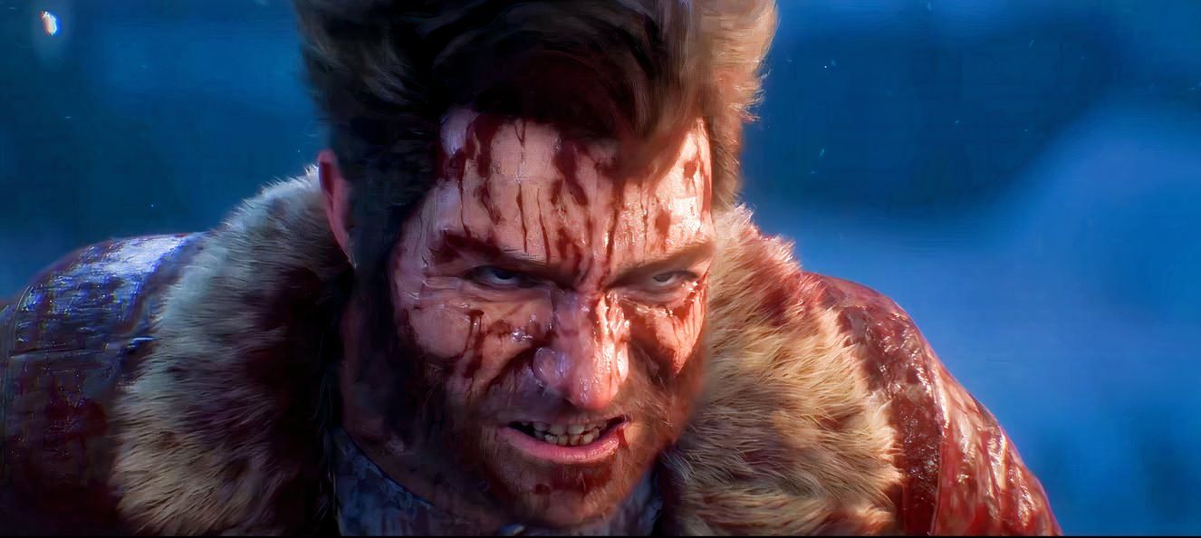 Logan covered in blood in Insomniac Games' upcoming Marvel's Wolverine, a PS5 exclusive. Logan is wearing a fur coat.