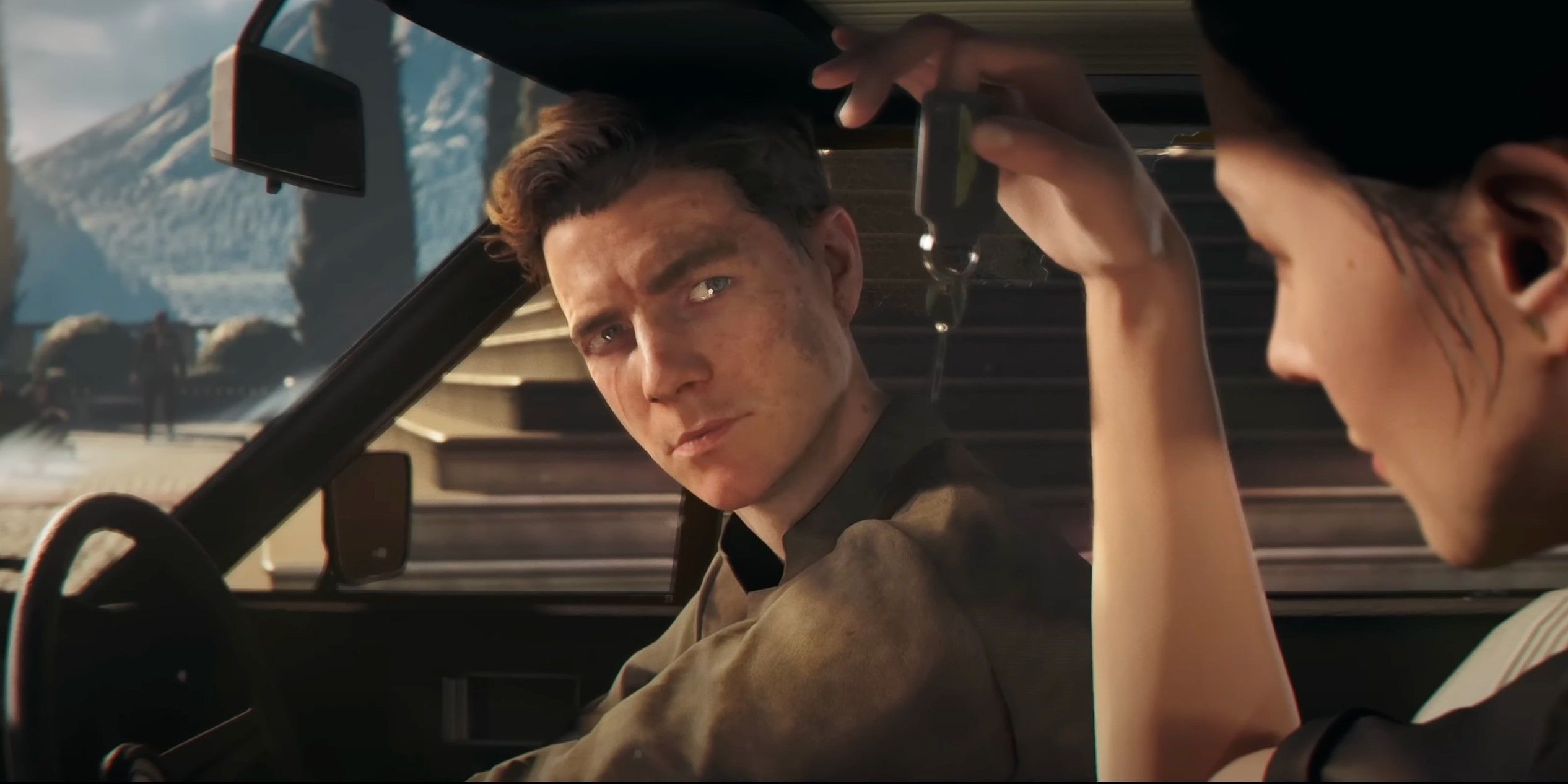 007 First Light's Bond in the driver's seat of a car looking at a woman holding a key.