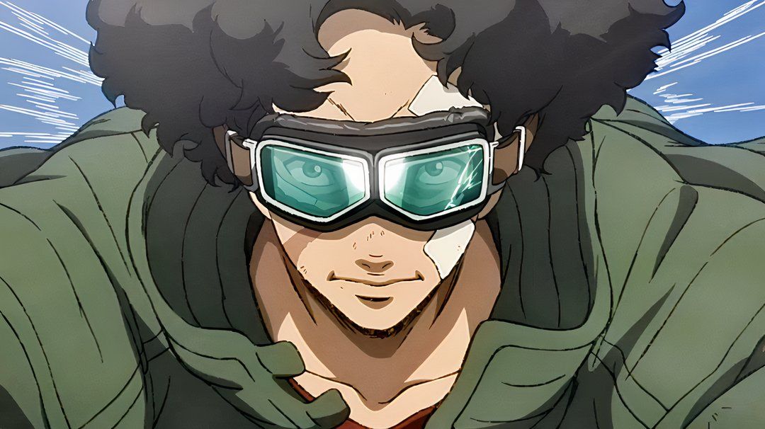 A young man with special glasses looks ahead with a smile in Megalobox