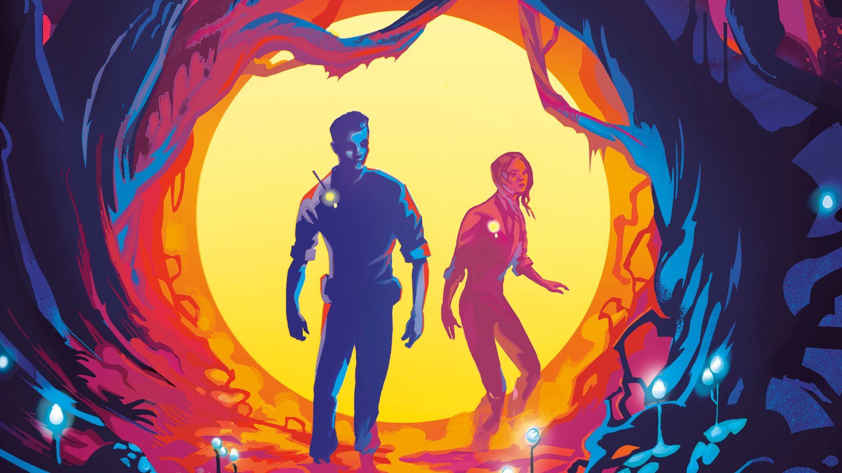 A man and a woman stand in a cave framed by vines in the cover art for Blightfall