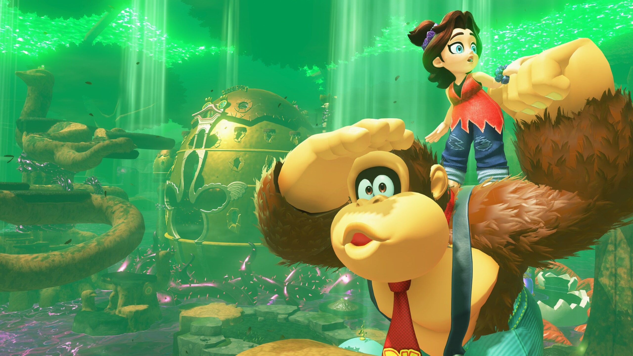 Donkey Kong and Pauline survey a green world in Donkey Kong Bananza
