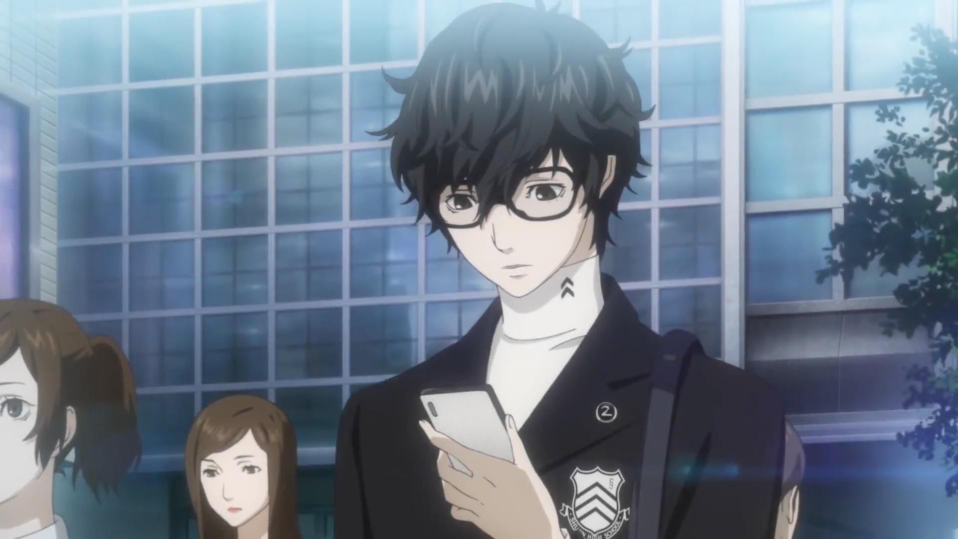the main character looks at a cell phone in persona