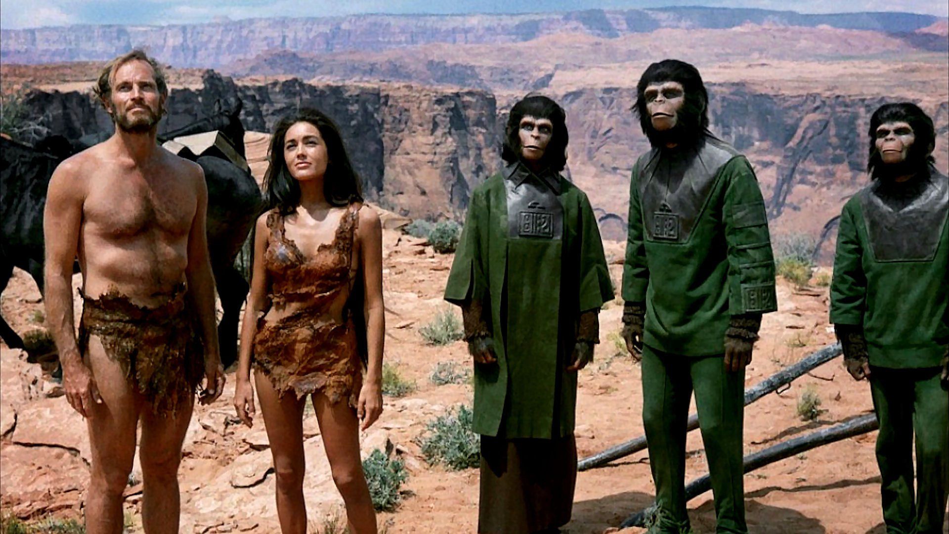 Charlton Heston, Linda Harrison, and the stars of the original 1968 Planet of the Apes