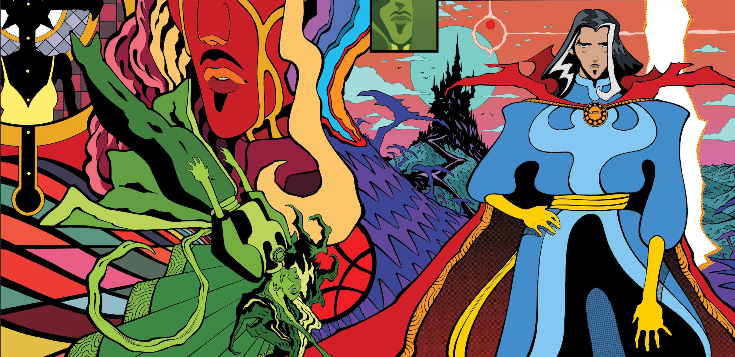 The front and back cover of Doctor Strange #1 (Marvel Comics, 2022), a psychedelic wraparound illustration where Doctor Strange strikes a pose with a hand on his hip on the front and a number of ghostly silhouettes and visages appear on the back, including his face in profile, a green shaded drawing of Strange drifting off to sleep, and a black and gold woman in front of a crucifix.