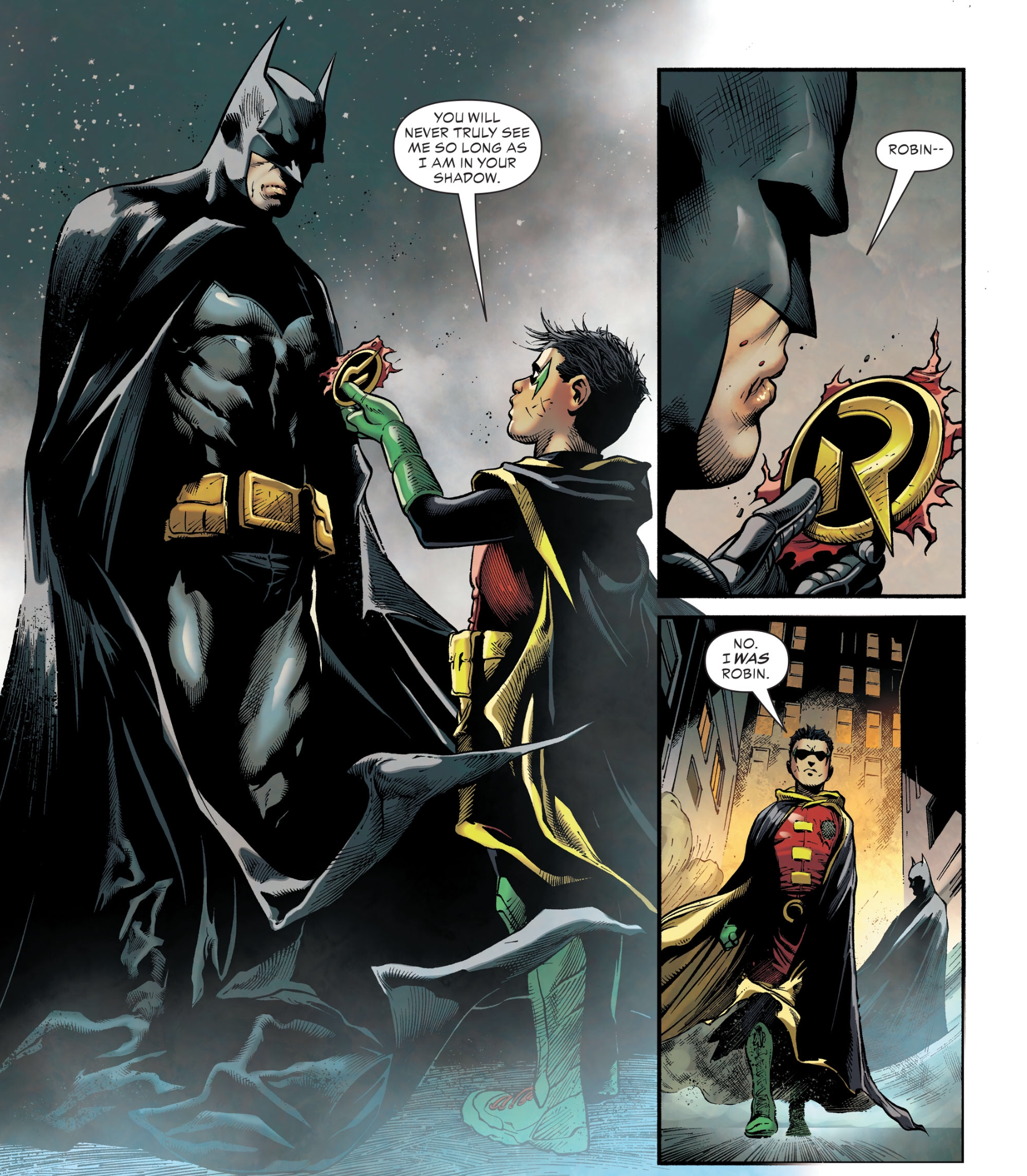 “You will never truly see me so long as I am in your shadow,” Robin says, as he hands the emblem from his costume to Batman, in Teen Titans Annual #2, DC Comics (2020).