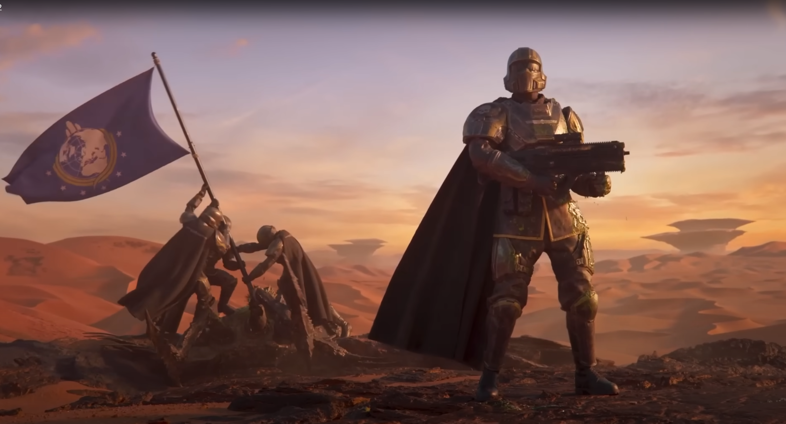 Key art from the Helldivers 2 Promotional video depicting a Helldiver standing proudly with a gun, with two others in the background hoisting a flag
