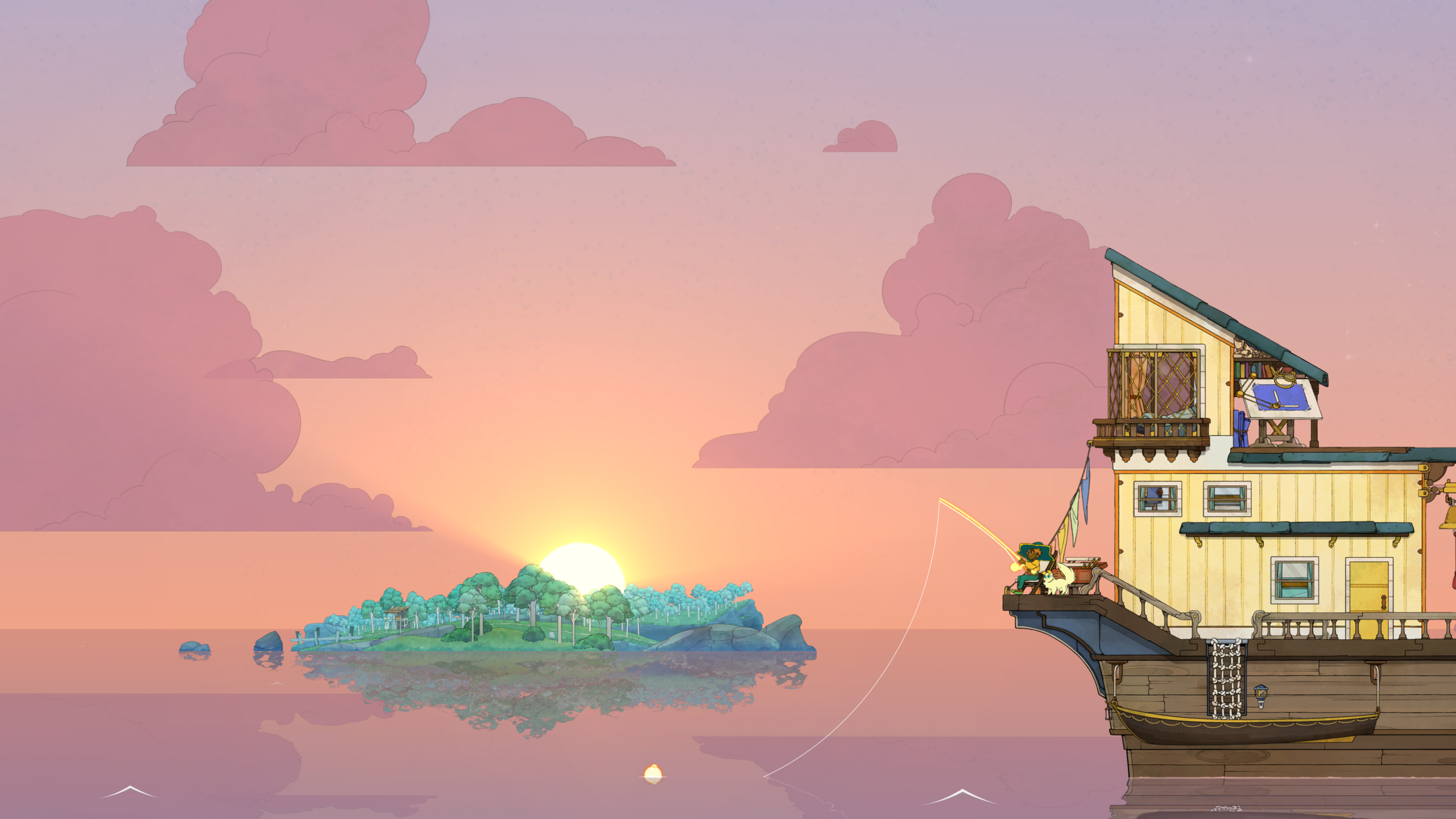 a ship with a person fishing, with an island in the center that the sun is setting behind, in Spiritfarer