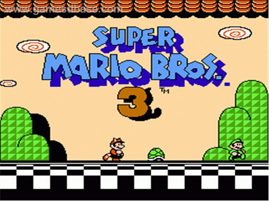 The opening screen for the game Super Mario Bros. 3. Mario is wearing a Tanuki suit and facing a green Koopa shell. Luigi (who, in pixel form, looks very Mario-esque) is running towards the right.