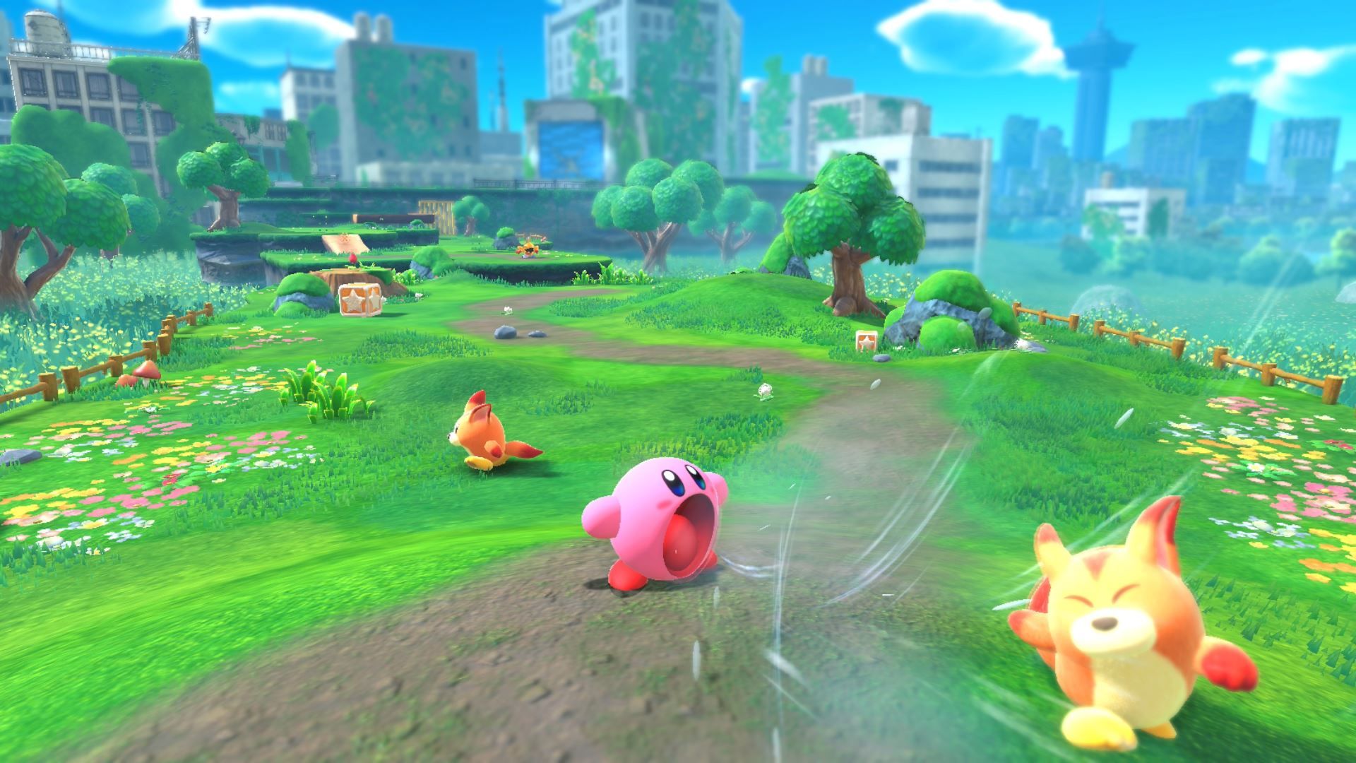 Kirby sucks up a fox in Kirby and the Forgotten Land