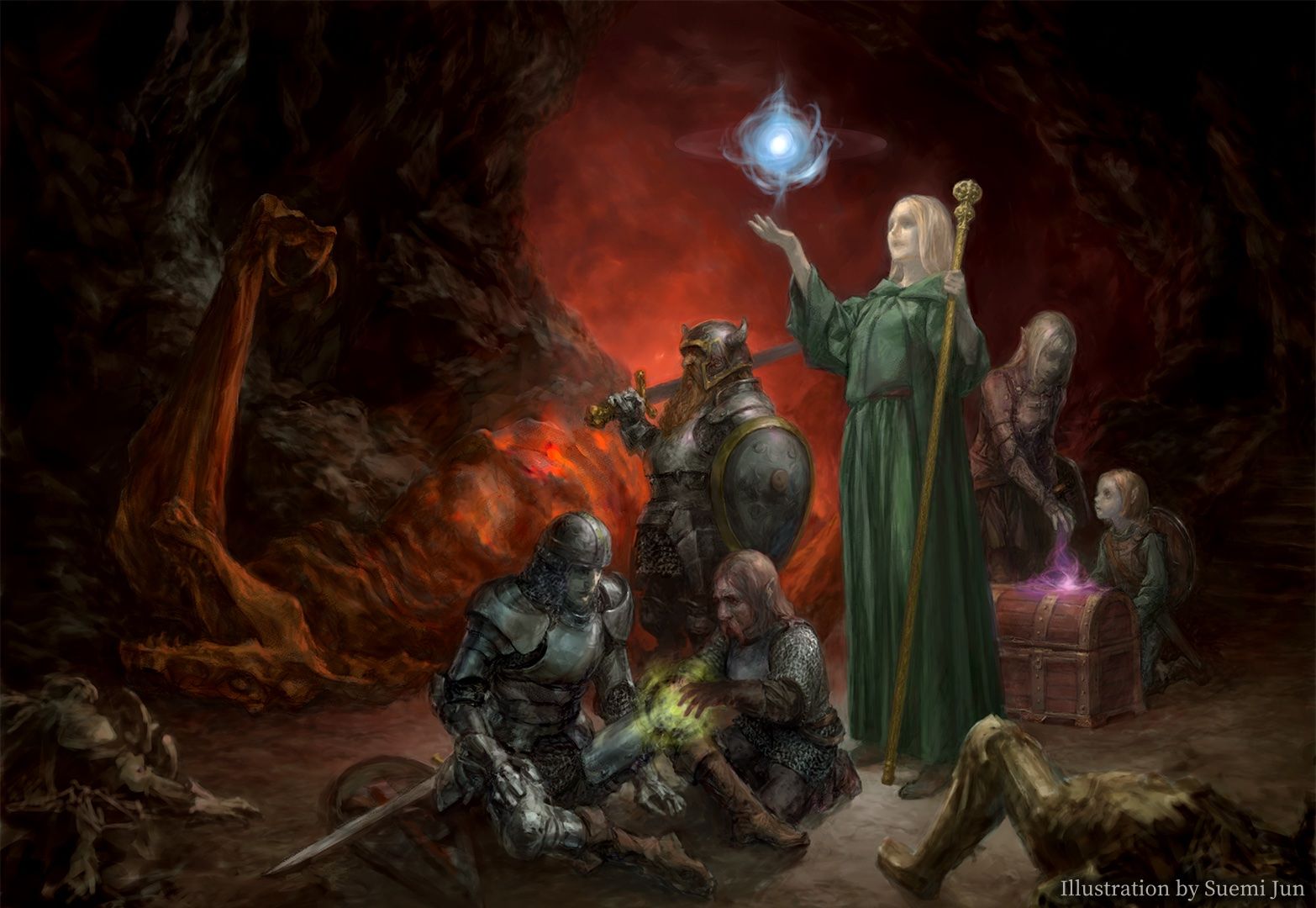 A painting of characters, a knight, dwarf, mage, and others, from Wizardry opening a treasure chest with the corpse of a felled dragon behind them