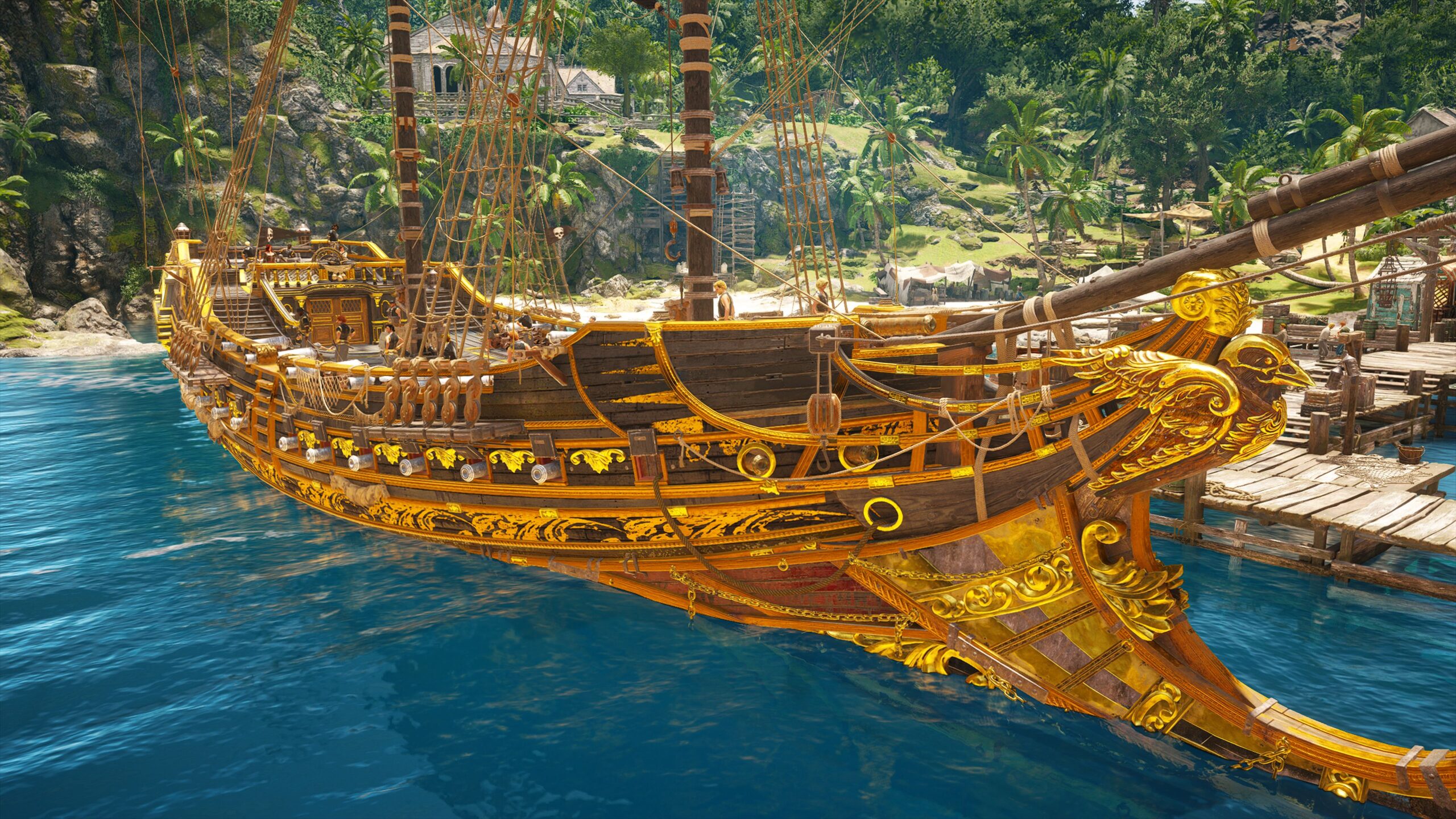 The Jackdaw is docked near the harbormaster to receive ship upgrades from ultimate plans in Assassin's Creed Black Flag Resynced.