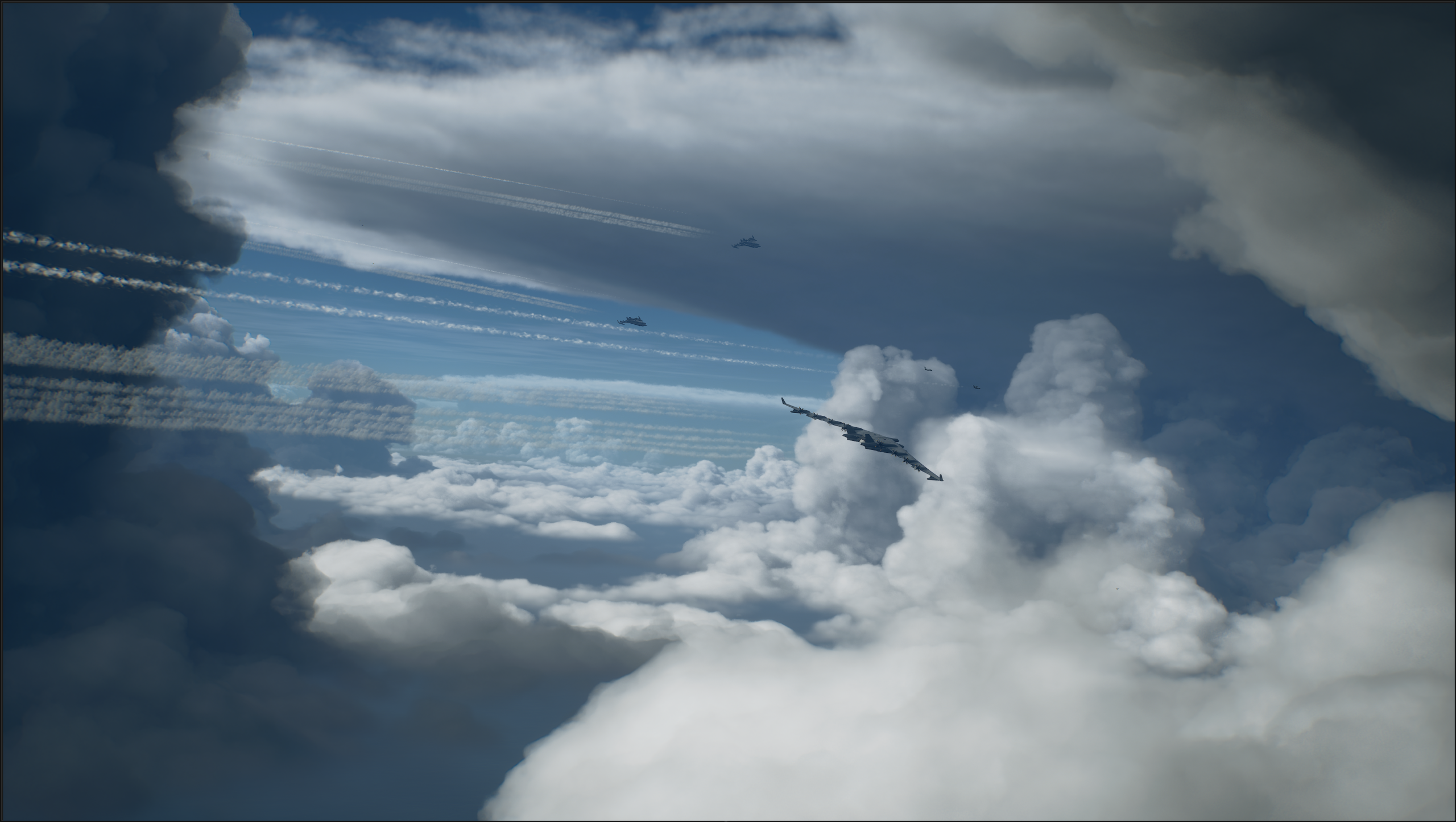 A jet flies through the clouds in Ace Combat 8: Wings of Theve.