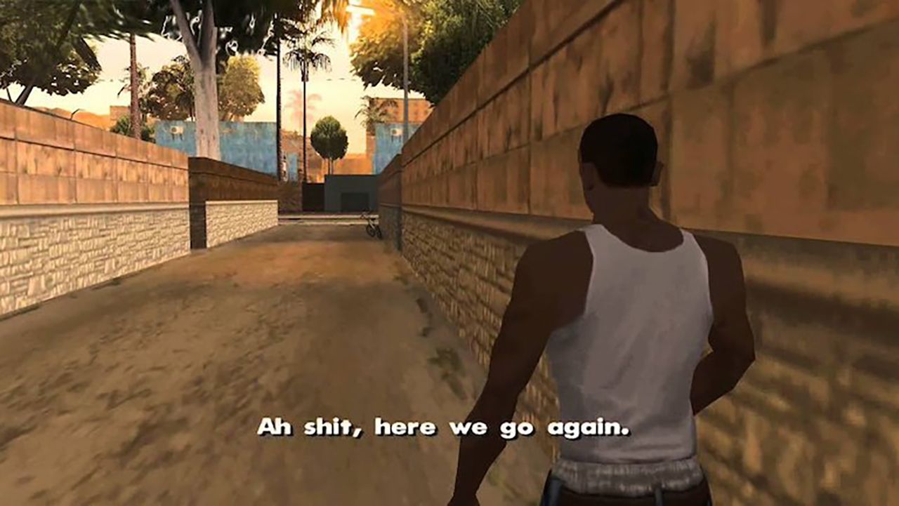 A quote from the opening sequence of Grand Theft Auto: San Andreas, "Ah shit, here we go again," would go on to become an internet meme more than a decade after the game's release.