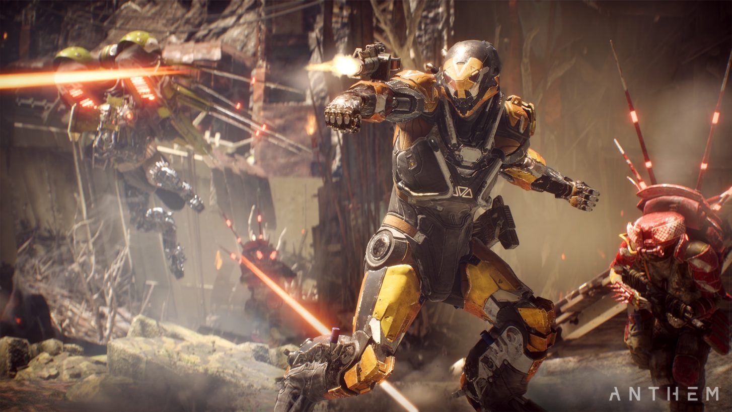 A character in a Javelin suit shoots at enemies in a screenshot from Anthem