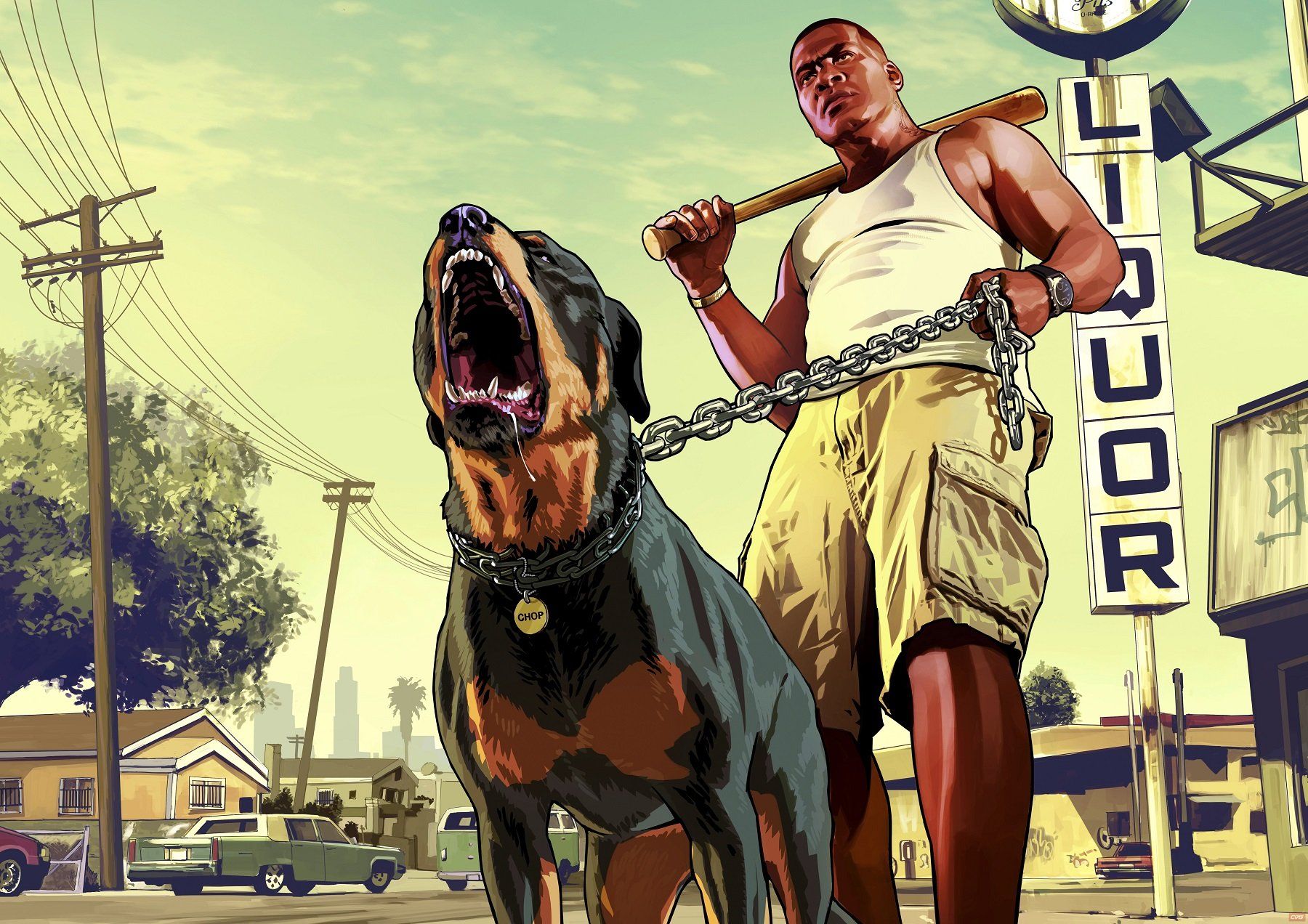 GTA 5’s Franklin holding a baseball bat and a dog on a chain leash