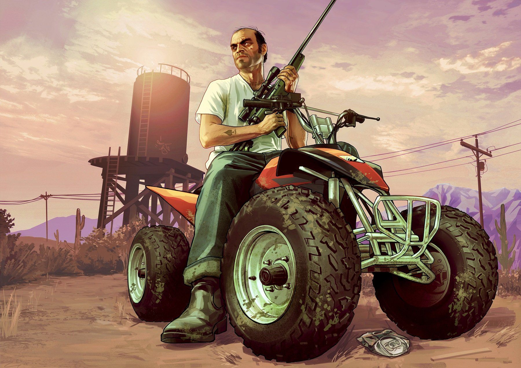 artwork of GTA 5’s Trevor sitting on an ATV while holding a gun