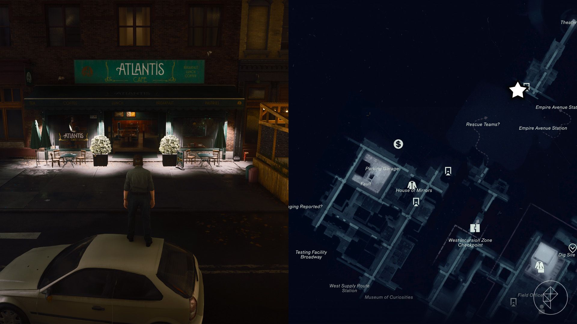 Dylan standing on top of a car in front of an Atlantis Cafe in the West Incursion Zone in Control Resonant.