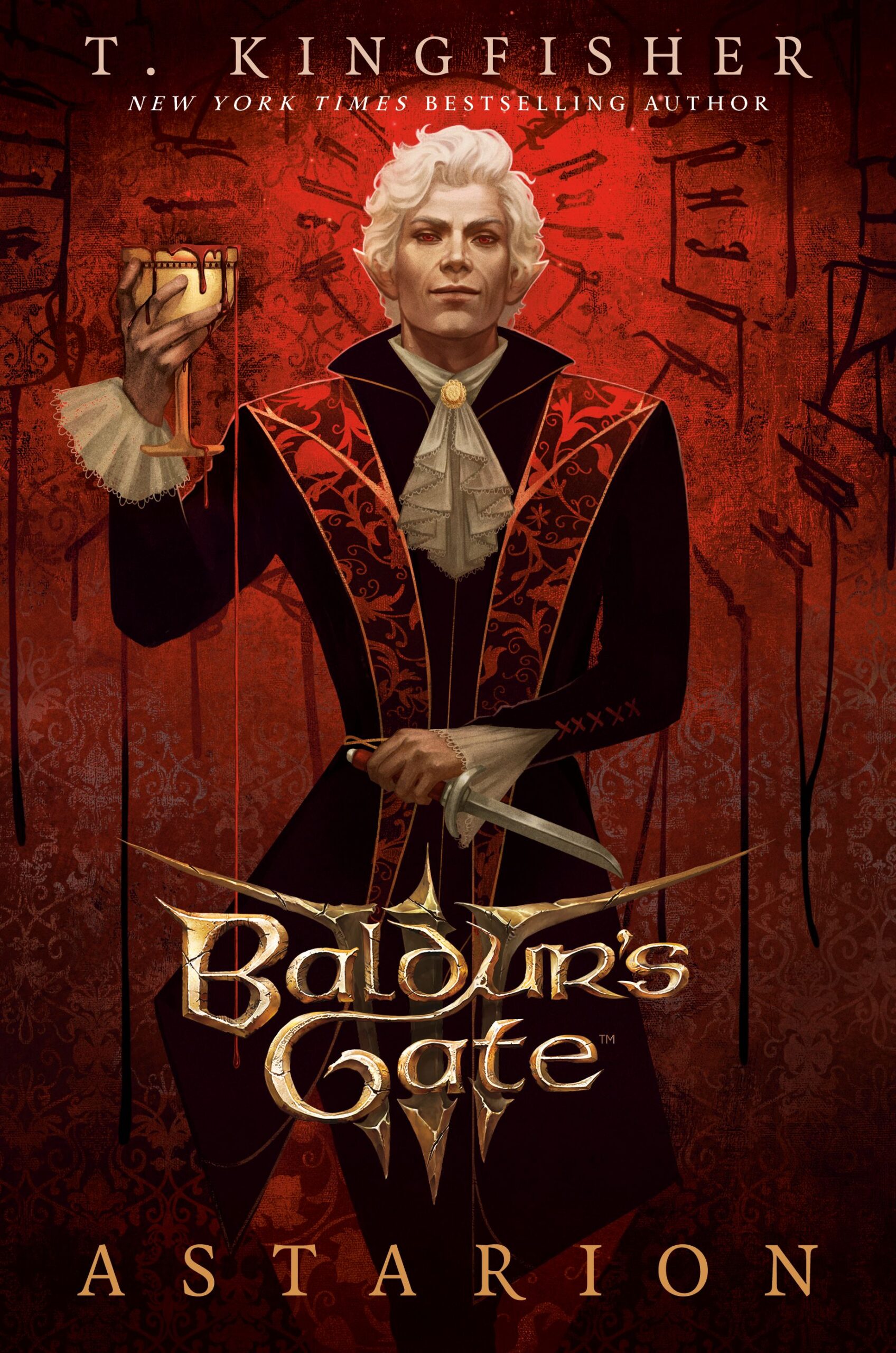 Cover art for Random House Worlds' upcoming novel Astarion decpicts a slender, white haired man holding a dagger in his left hand and hoisting a goblet of blood in the right.