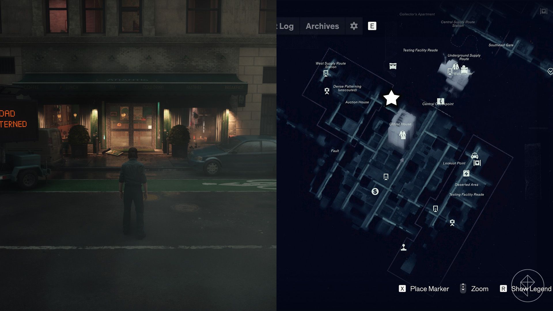 Dylan standing outside of Atlantis Cafe in Control Resonant.