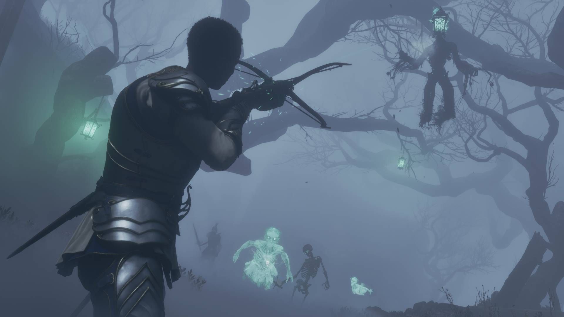 The hero in Fable aiming a crossbow at the Lantern Keeper boss.