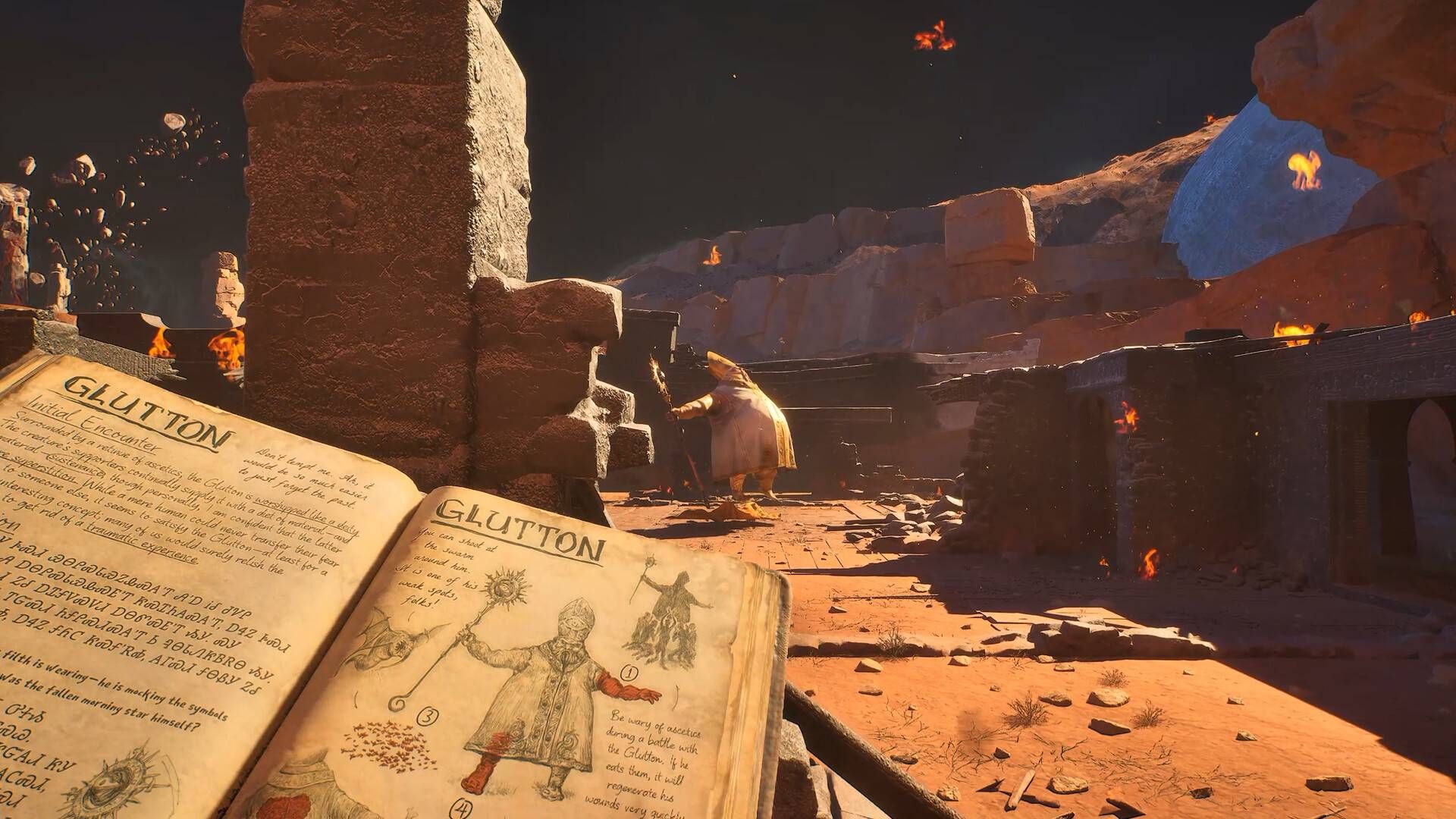 The player holding the journal and looking at the Glutton enemy in Guns of Eschaton.