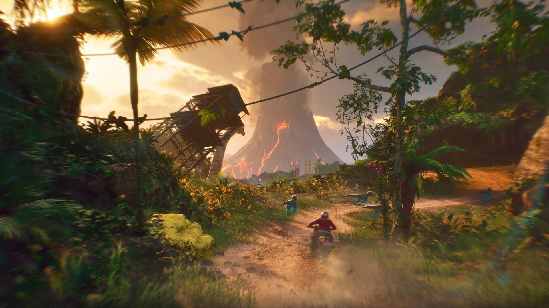 A motorbike driving through a jungle with dinosaurs in front.