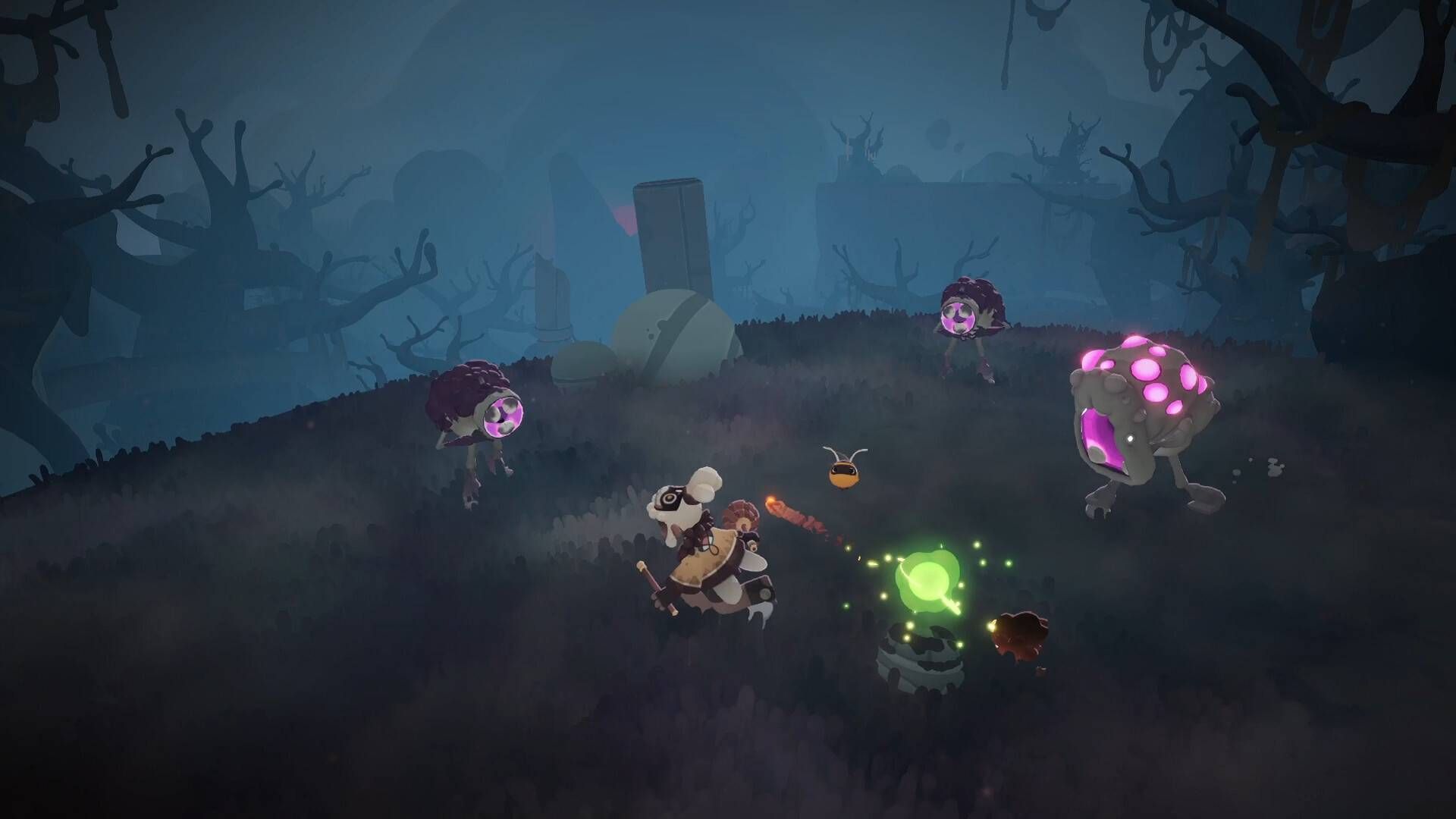 The player in Wilderings: The Lost Spring fighting some monsters.