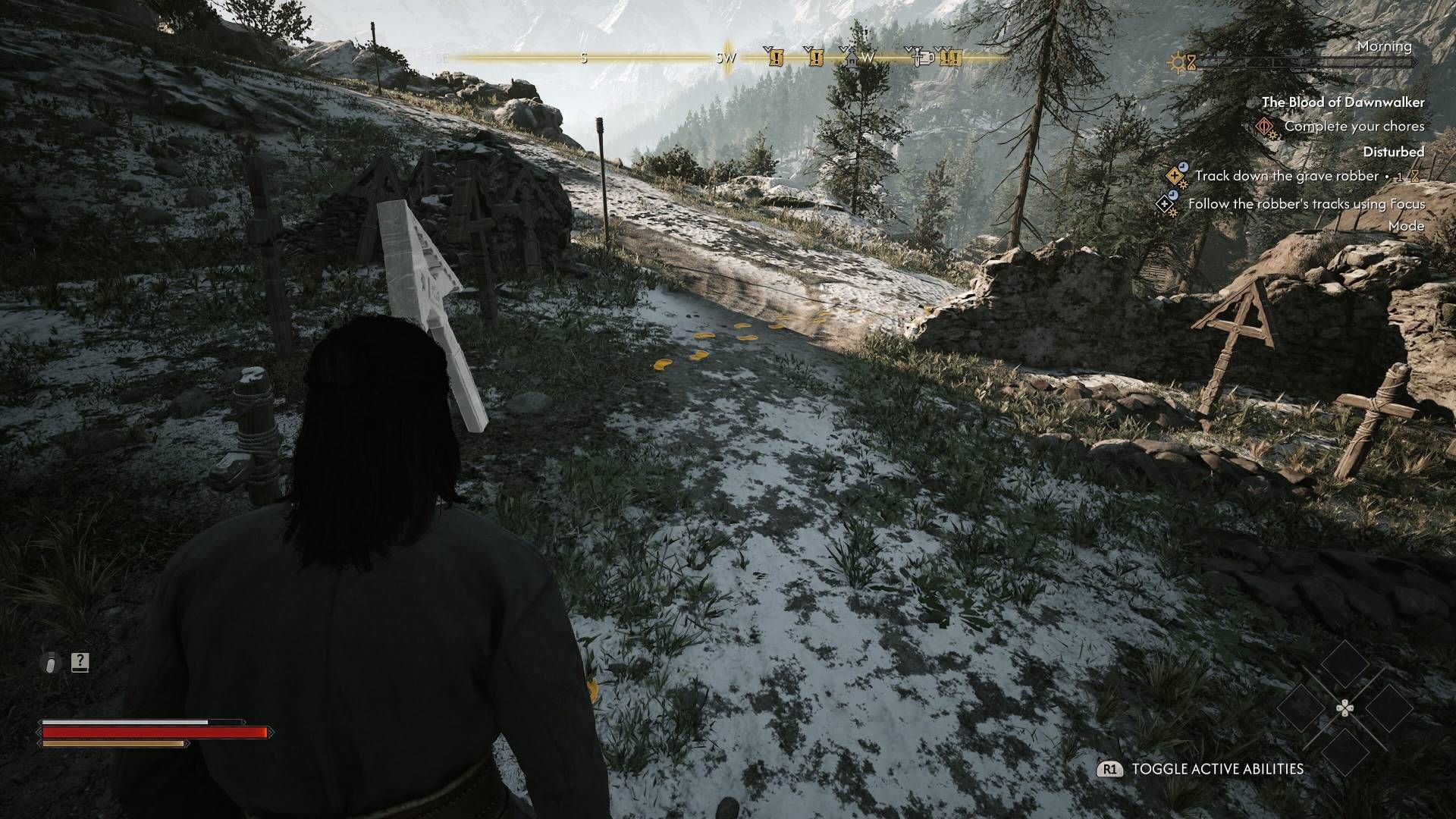 Coen looking at footprints highlighted orange in The Blood of Dawnwalker.