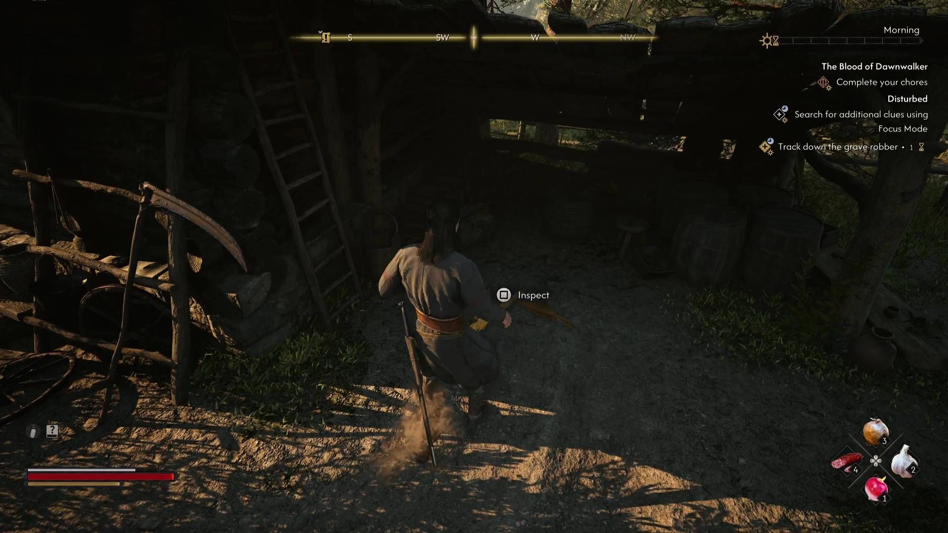 Coen standing next to the shovel in The Blood of Dawnwalker.