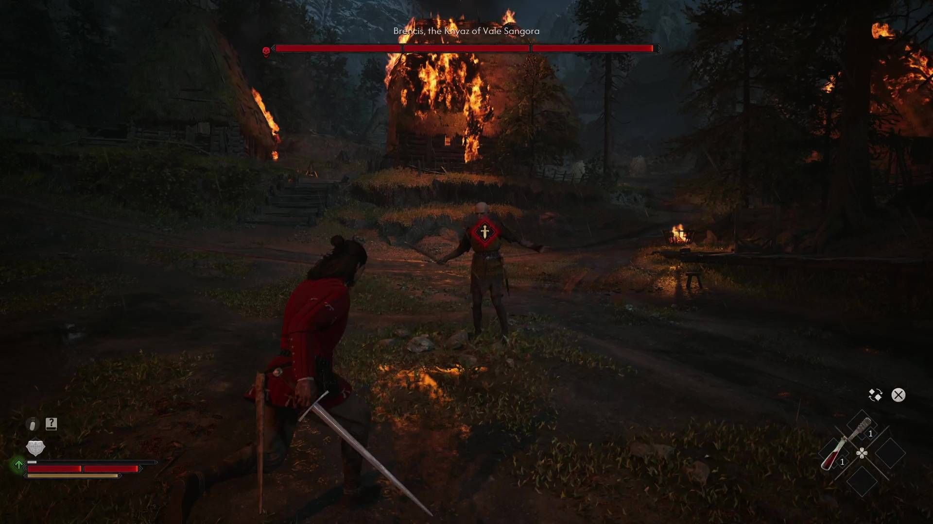 The player fighting Brencis during the prologue in The Blood of Dawnwalker.
