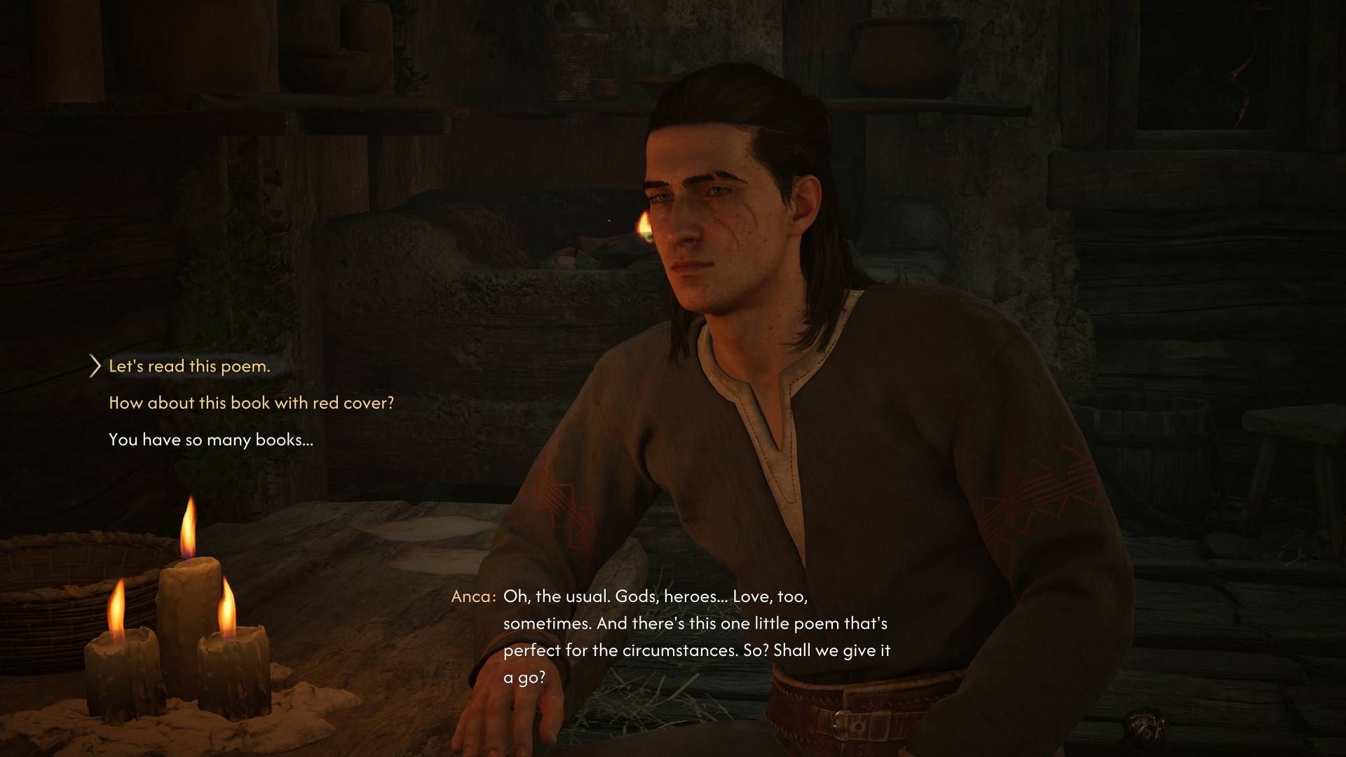 Coen deciding whether to read a poem or a book with a red cover in The Blood of Dawnwalker.