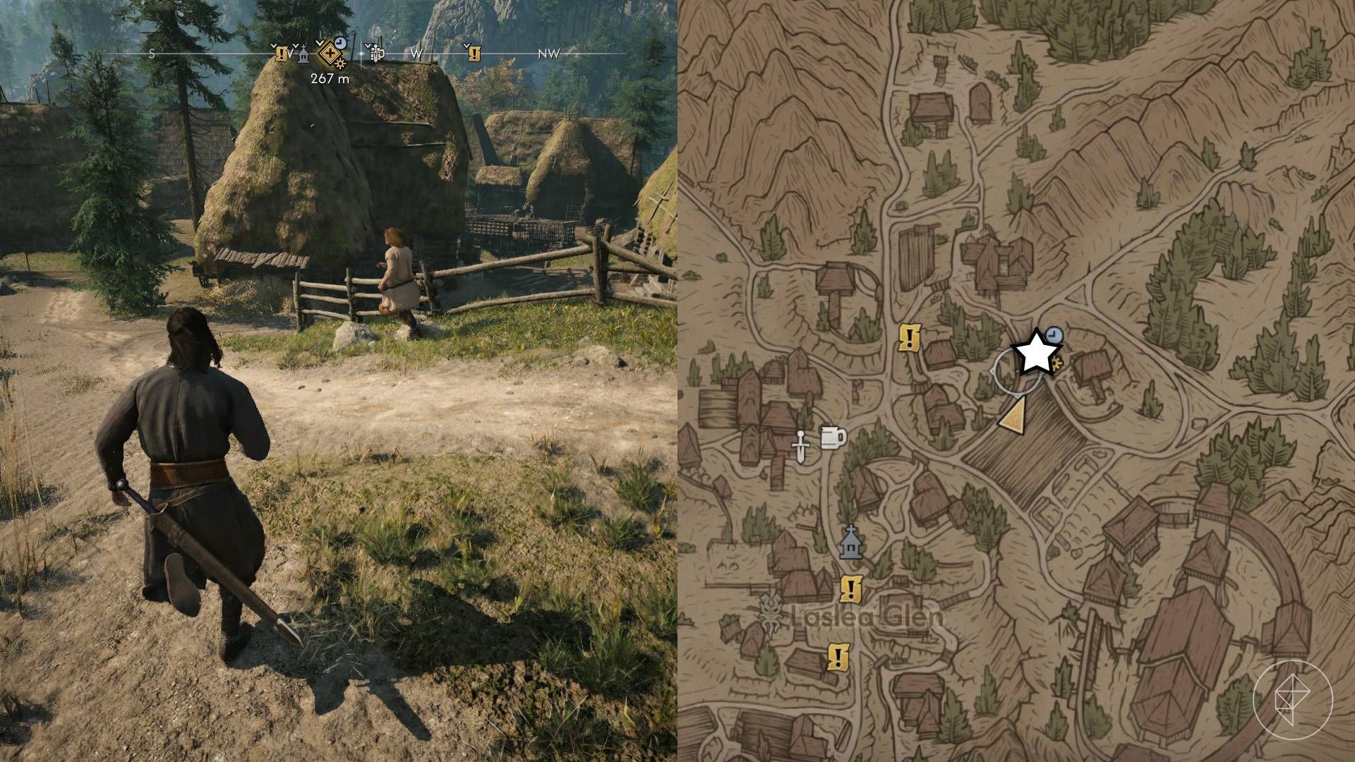 The left-hand side of the image shows Coen chasing Vasil while the right-hand side of the image shows the location of the start of the quest in The Blood of Dawnwalker.