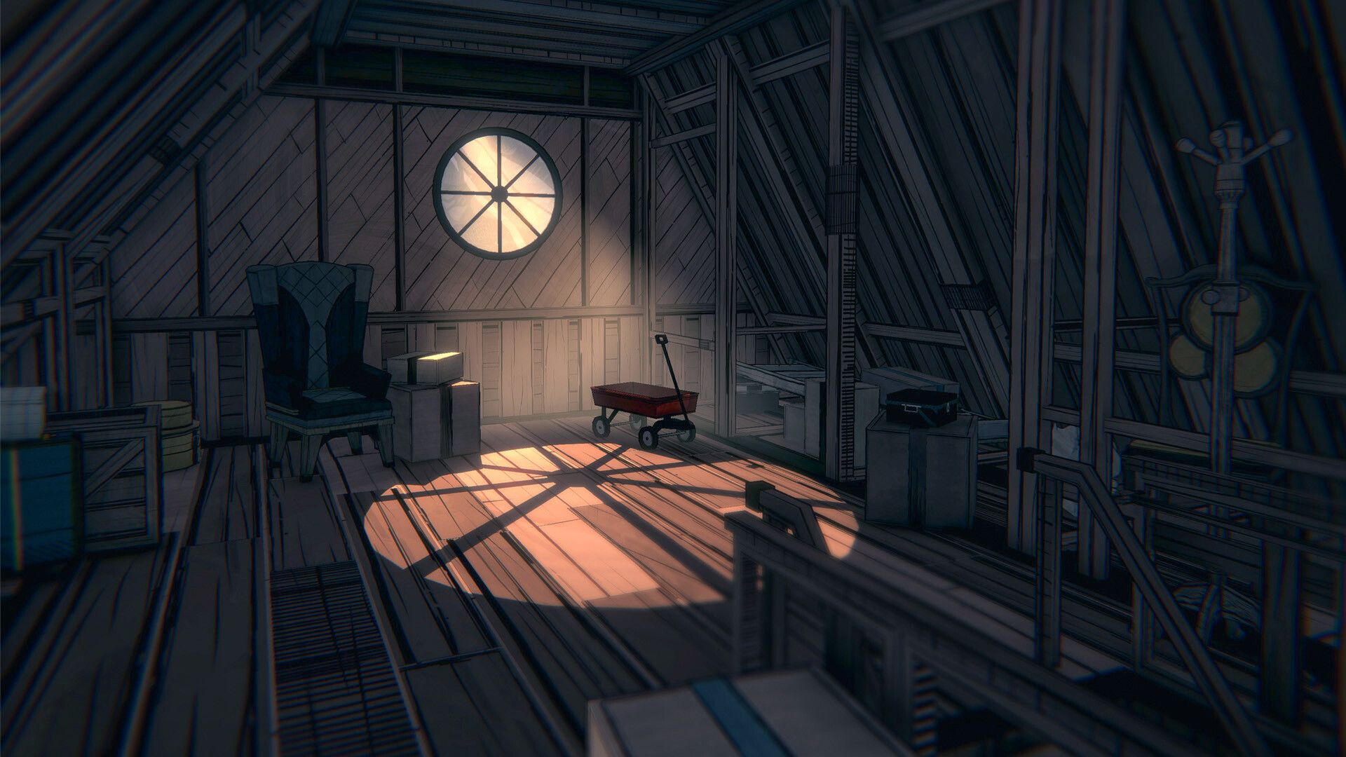 Light shines through a circular window in an attic in the Blue Prince
