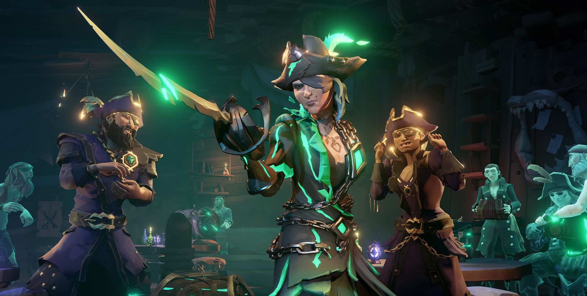 Image: A Pirate Legend ranked player in Sea of Thieves, wearing spectral garb, thrusts their saber forward triumphantly. They’re surrounded by other Pirate Legends and the ghosts of Athena’s Hideout.