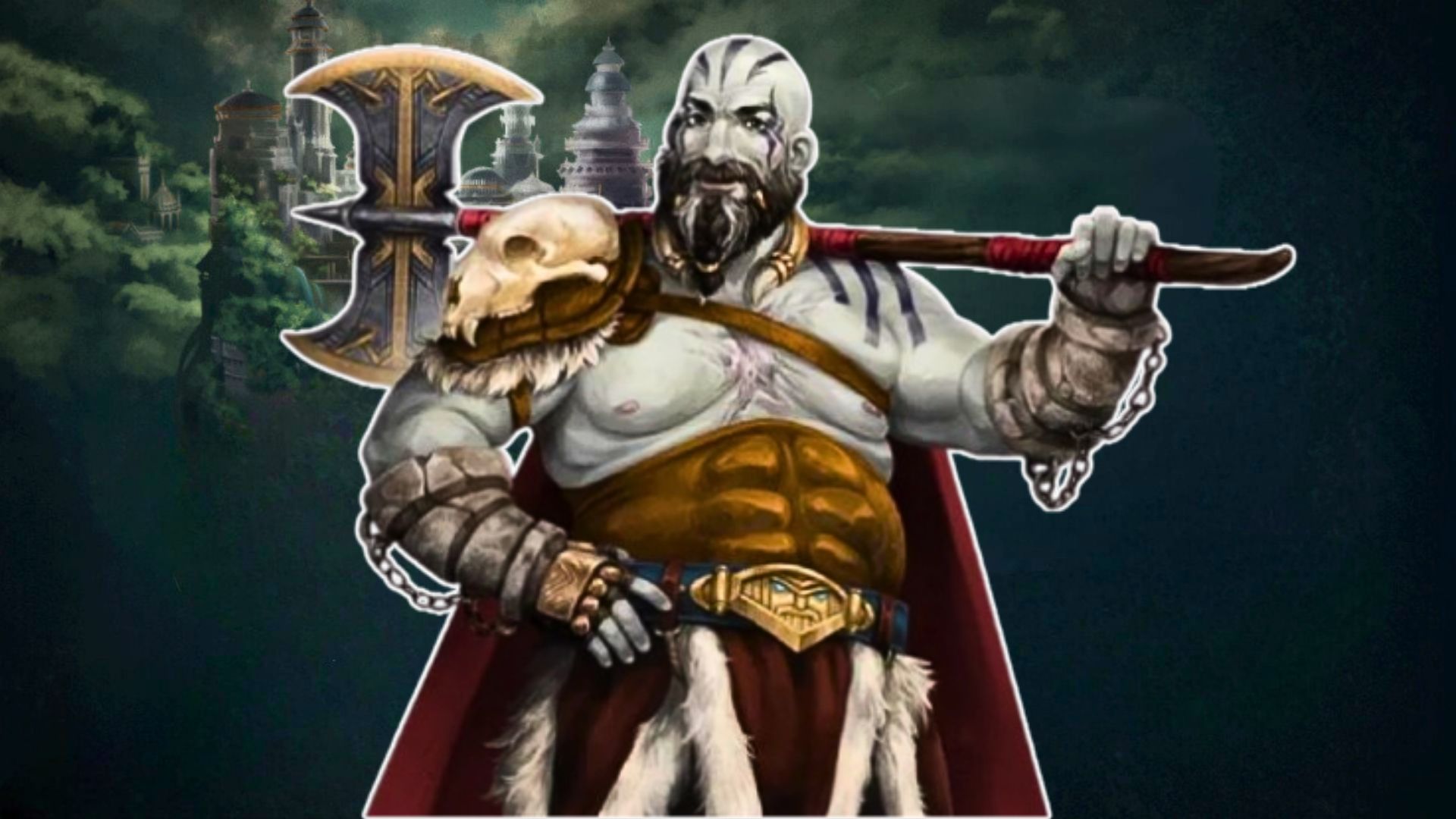 An image featuring the city of Araman behind Grog Stonejaw, a giant Barbarian with an axe on his shoulder and a smile o his face.
