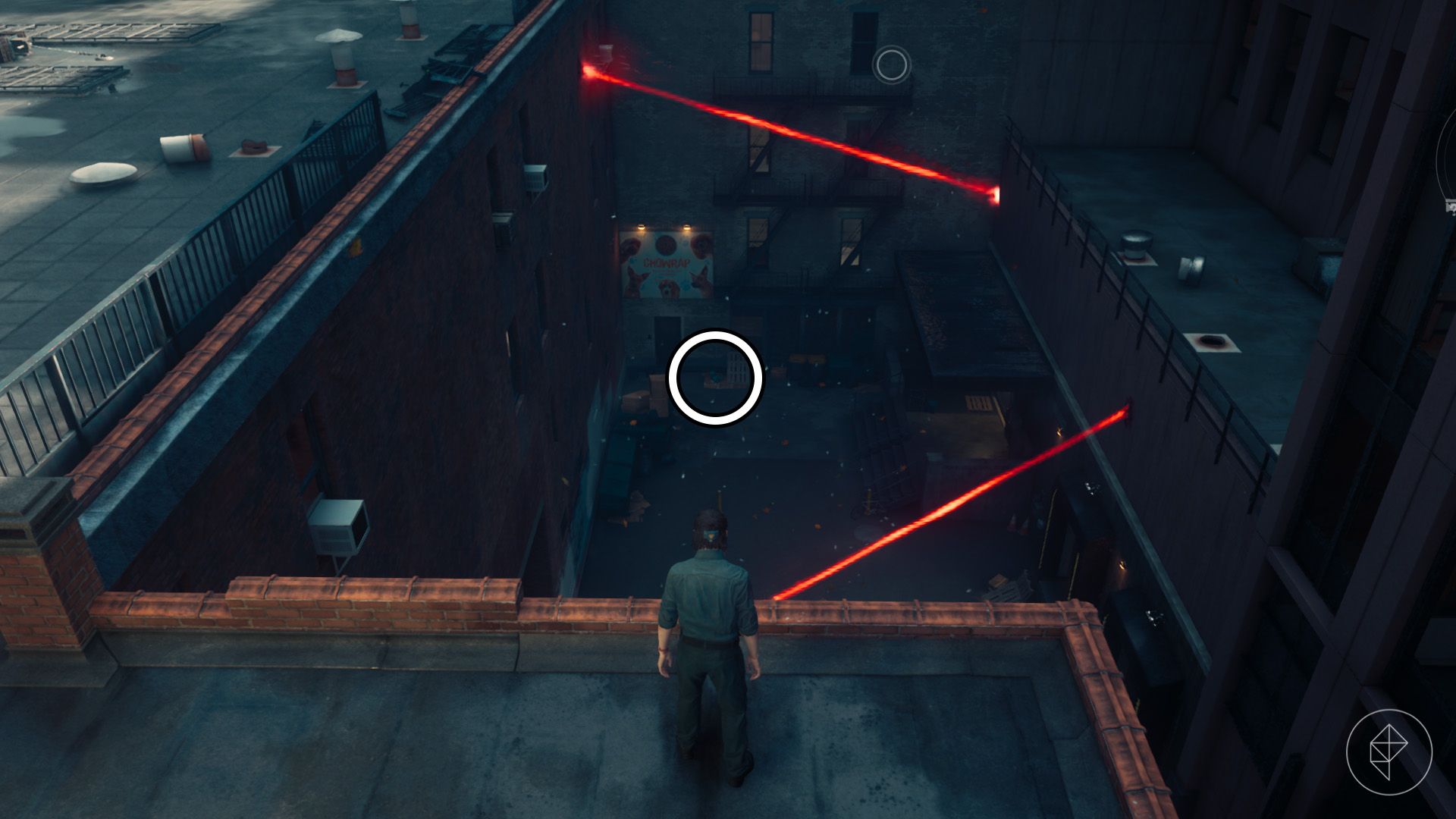 Dylan standing on a rooftop overlooking an alleyway full of lasers in Control Resonant.