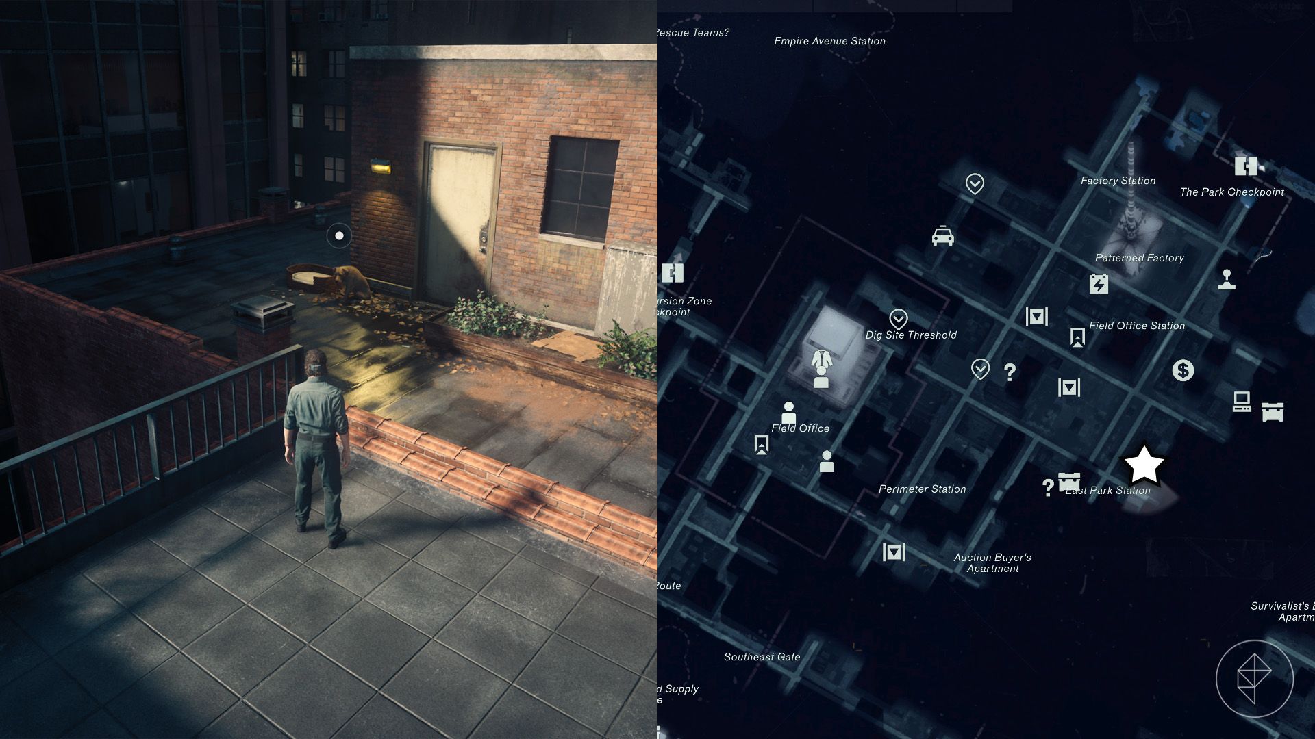 Dylan standing in front of a dog on a rooftop in Control Resonant.