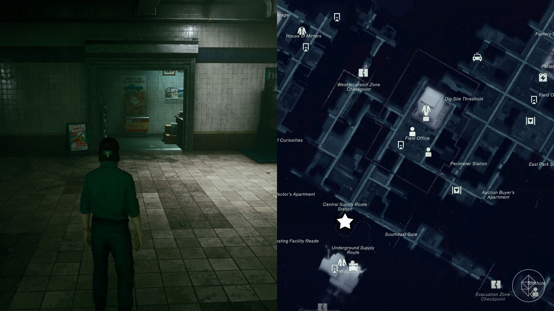 Dylan standing in front of an ice cream stand in the subway station in Control Resonant.