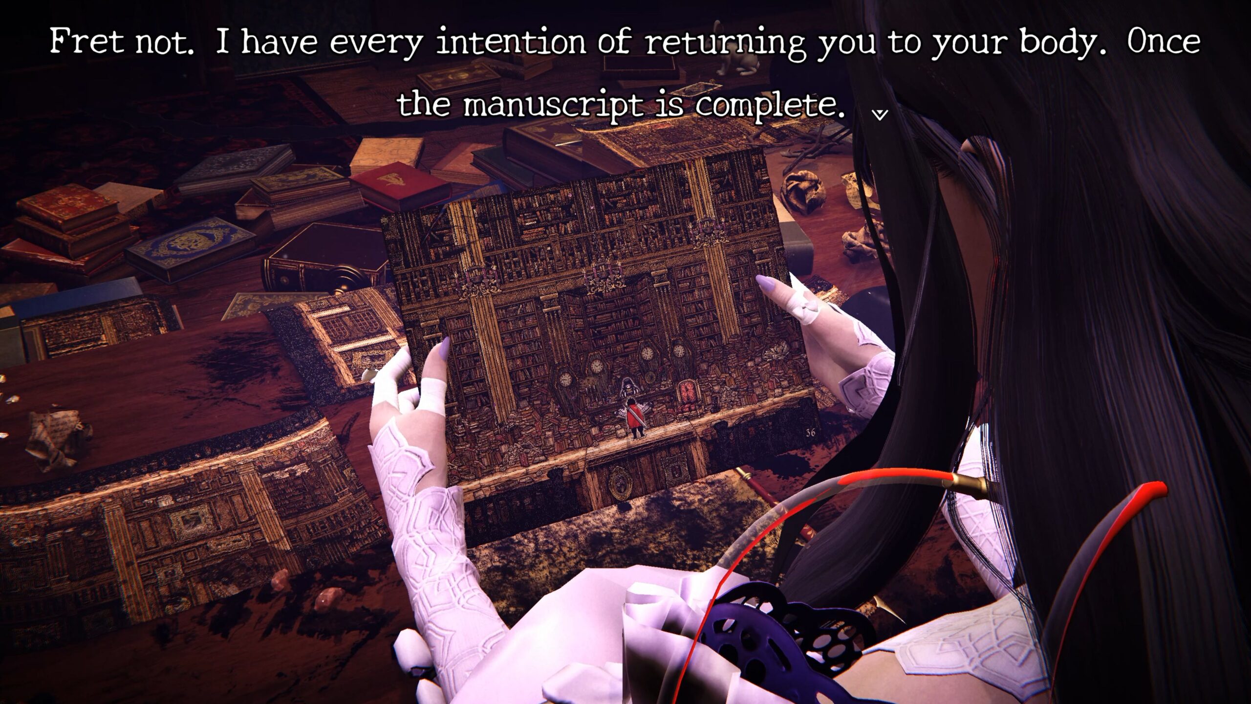 The writer holds up a 2D page in Chronoscript: The Endless End.