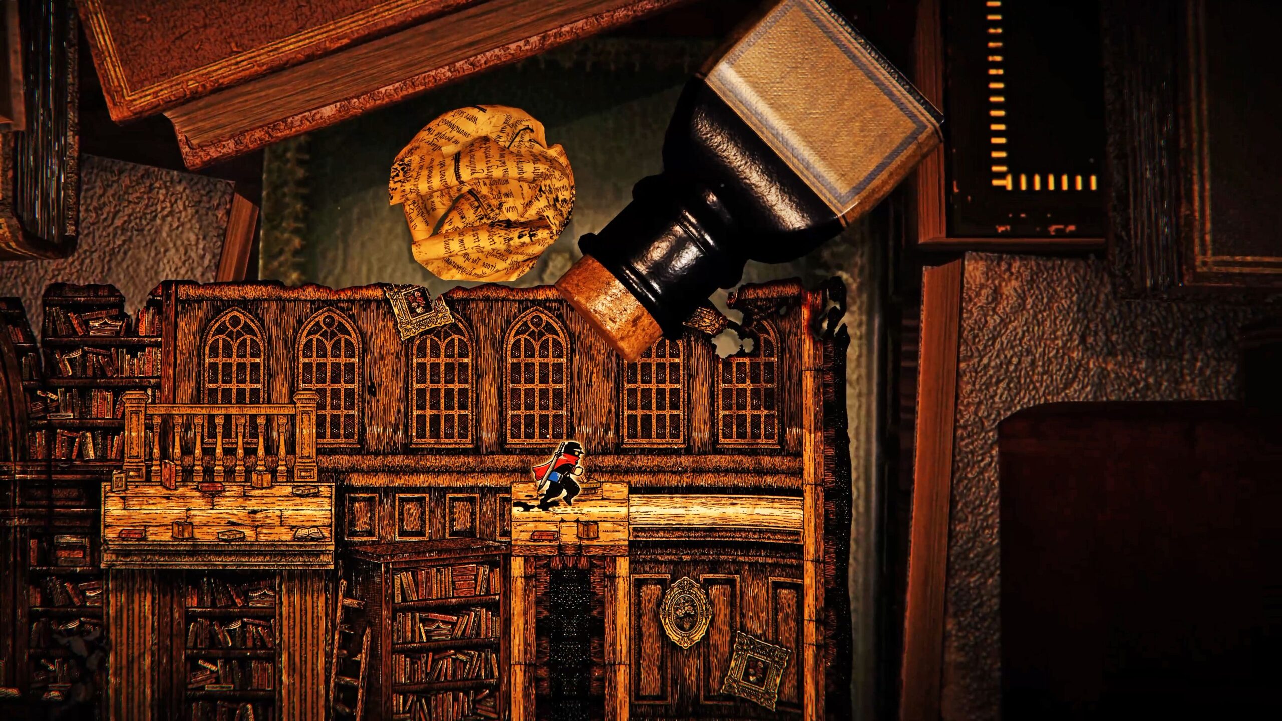 The editor moves across a 2D page surrounded by 3D objects in Chronoscript: The Endless End.