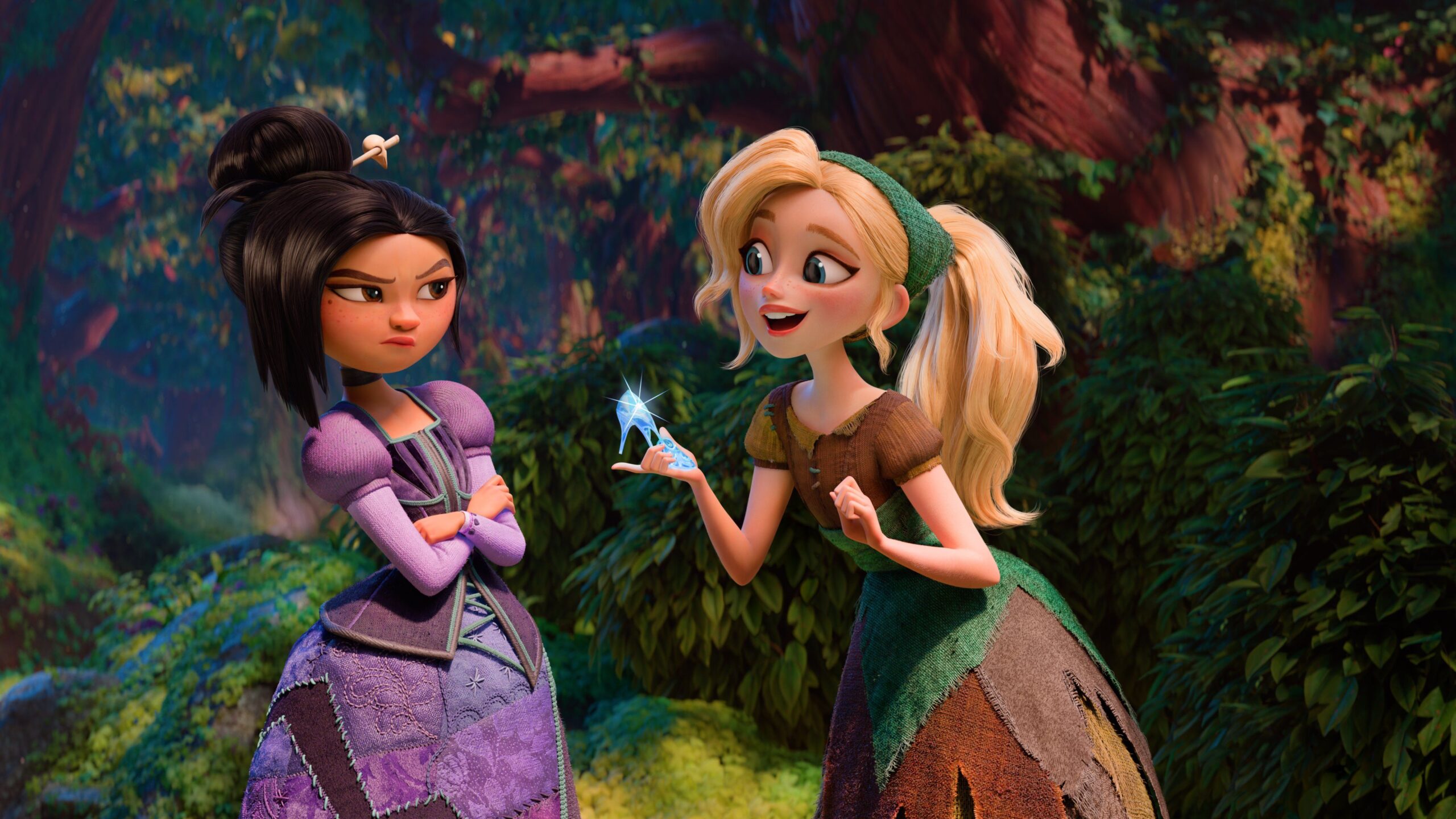 Cinderella holds a glass slipper out to Lilith in Steps